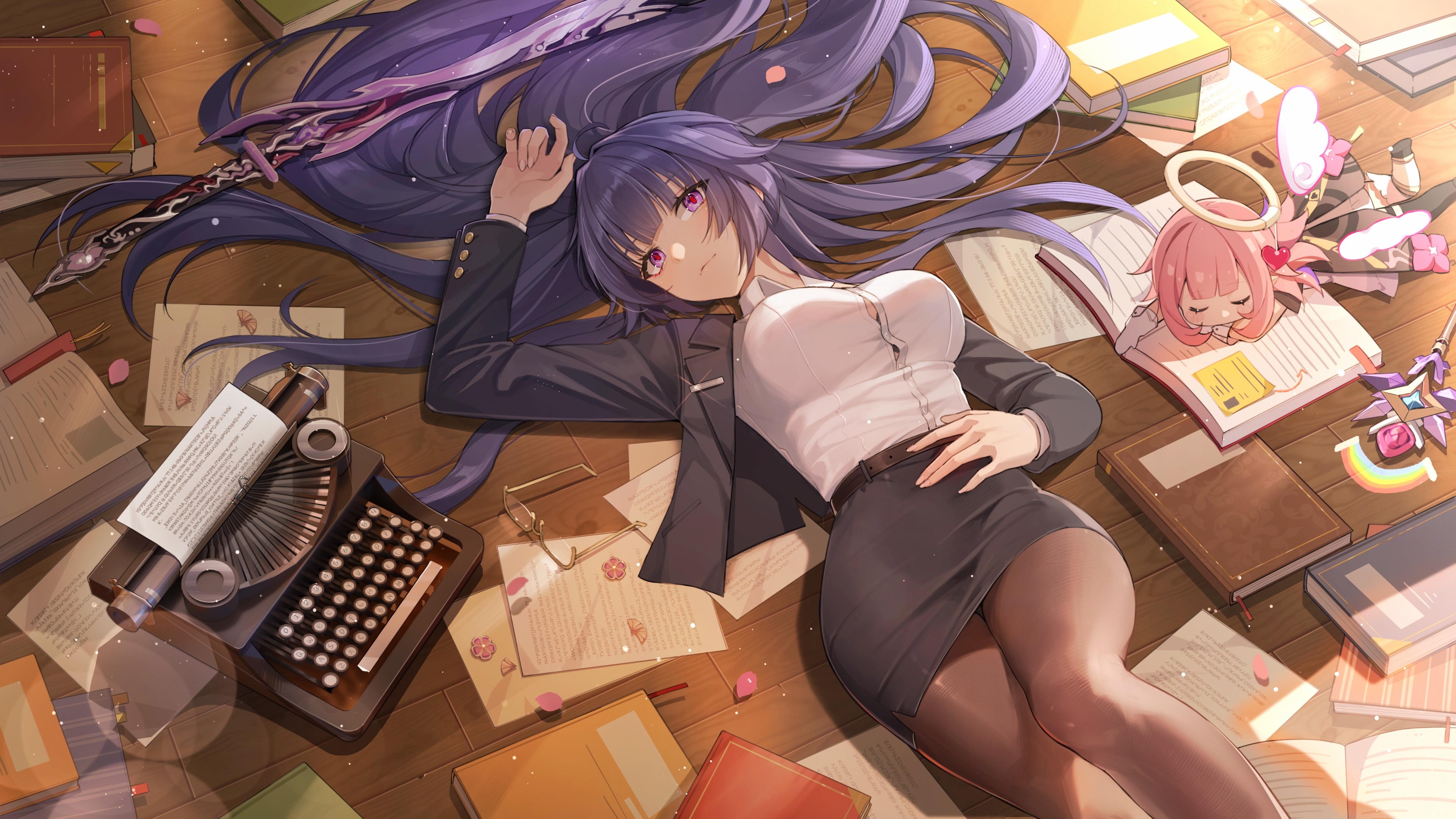 4K anime girl lying on back with books HD Wallpaper