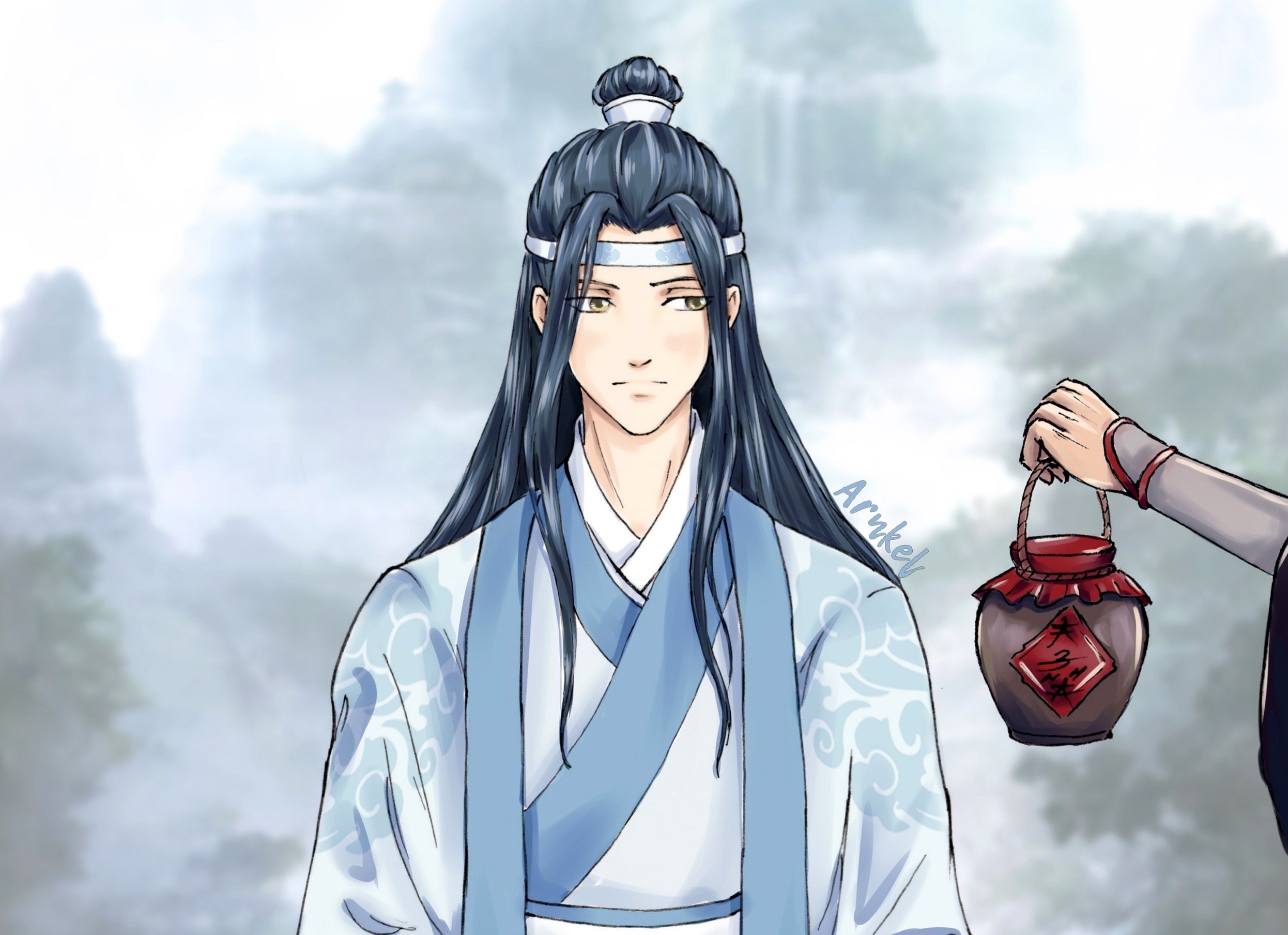 Lan Wangji from Mo Dao Zu Shi holding a jar HD Wallpaper