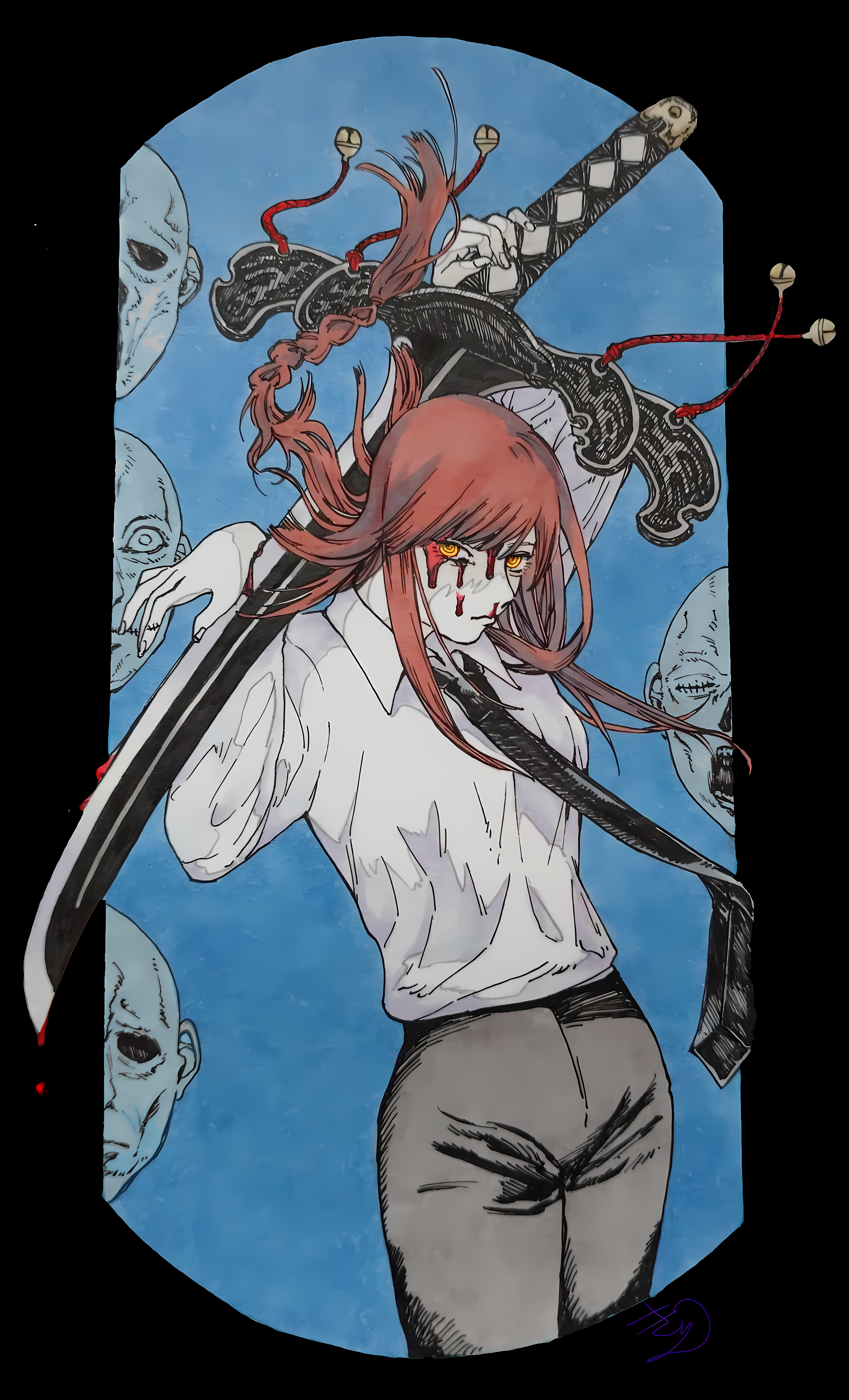 Makima with a sword and blood from Chainsaw Man HD Phone Wallpaper