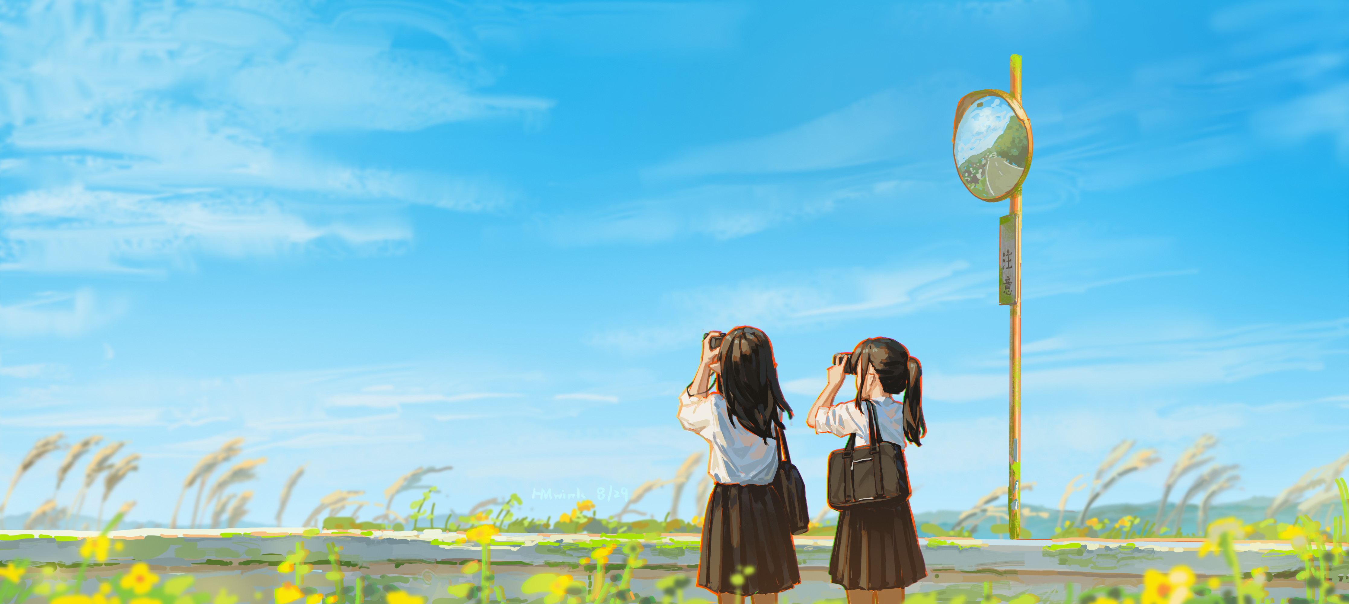 Two schoolgirls with cameras by a road HD Wallpaper