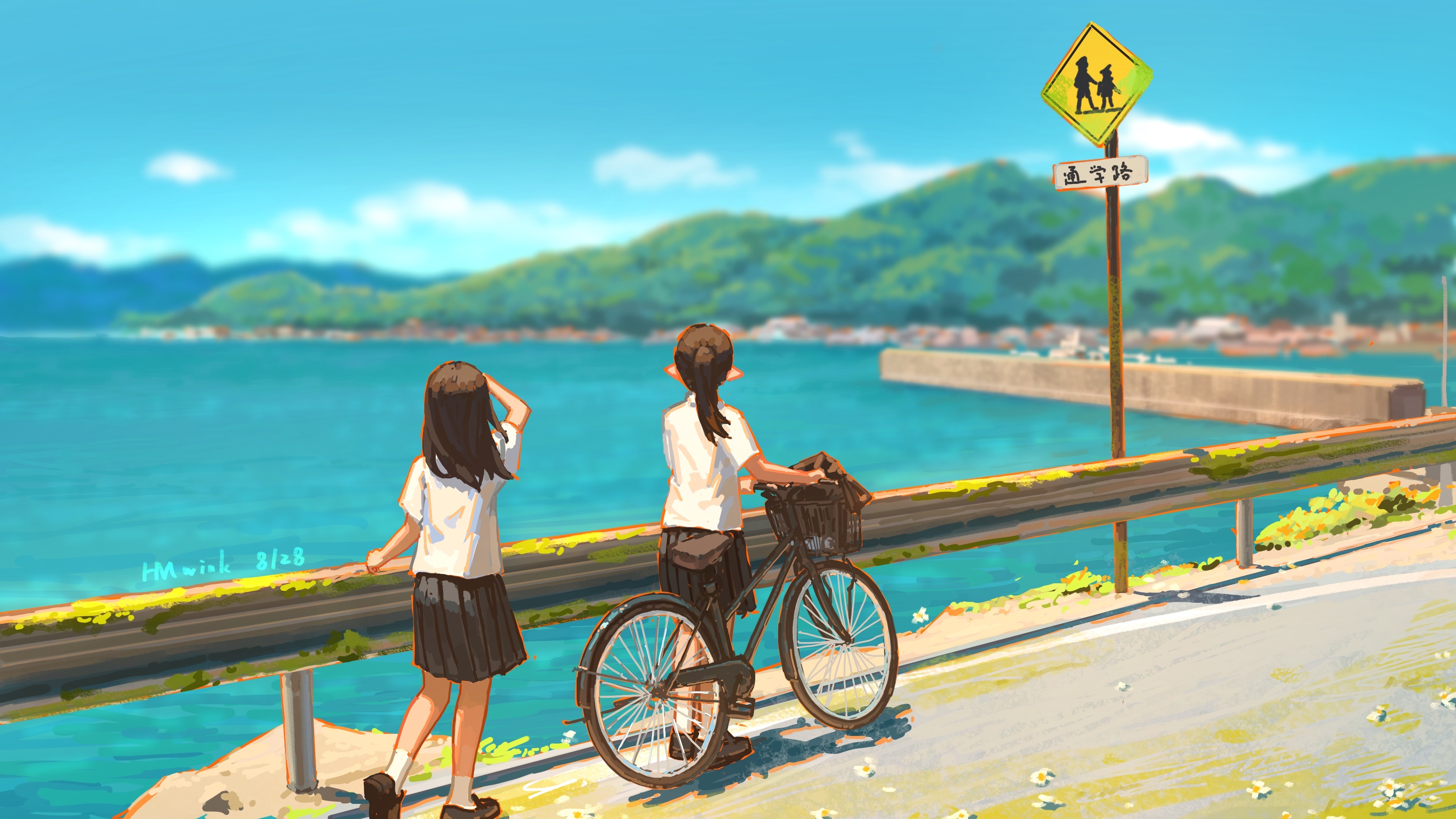 Two schoolgirls by the sea with a bicycle HD Wallpaper