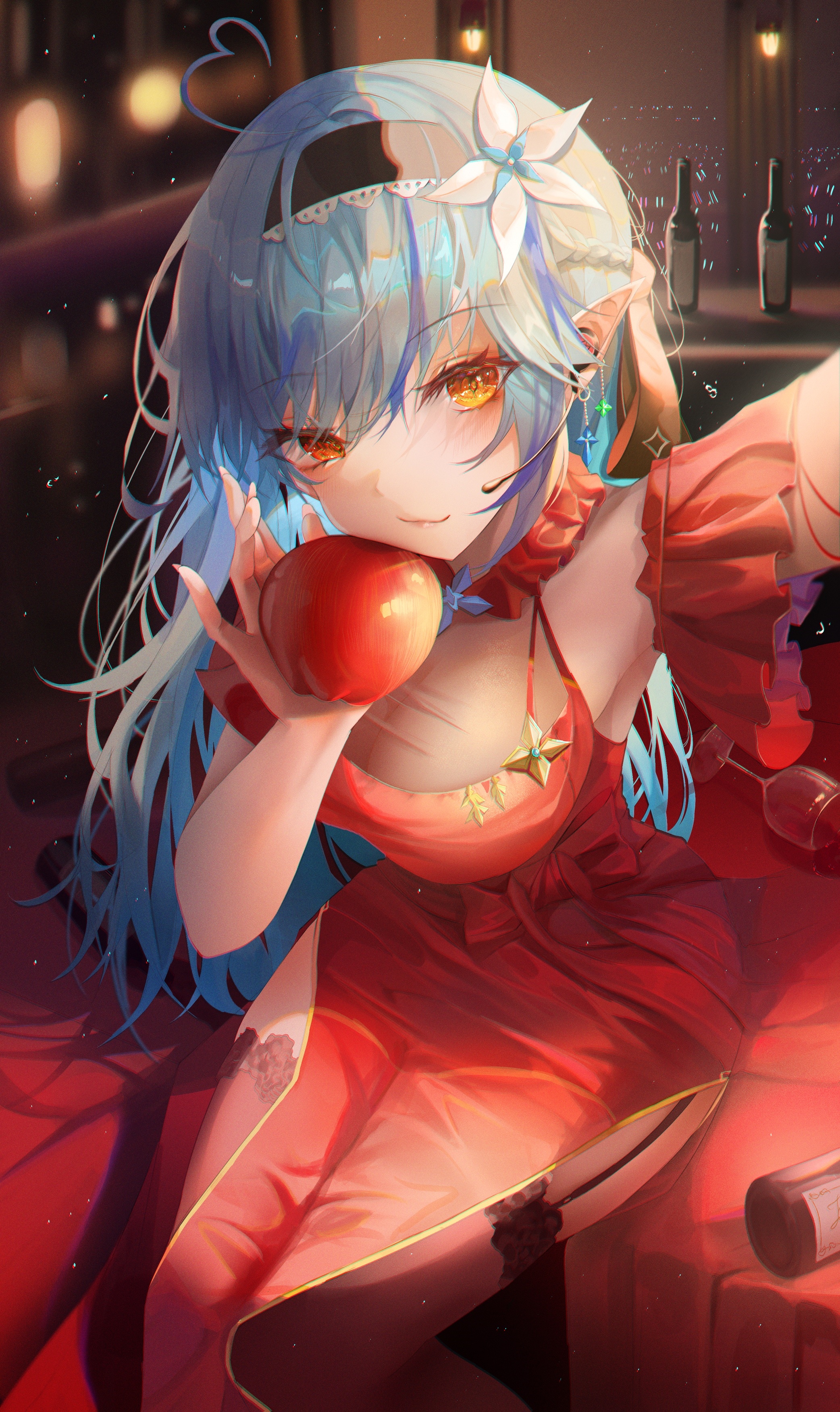 Anime girl with blue hair holding an apple HD Phone Wallpaper
