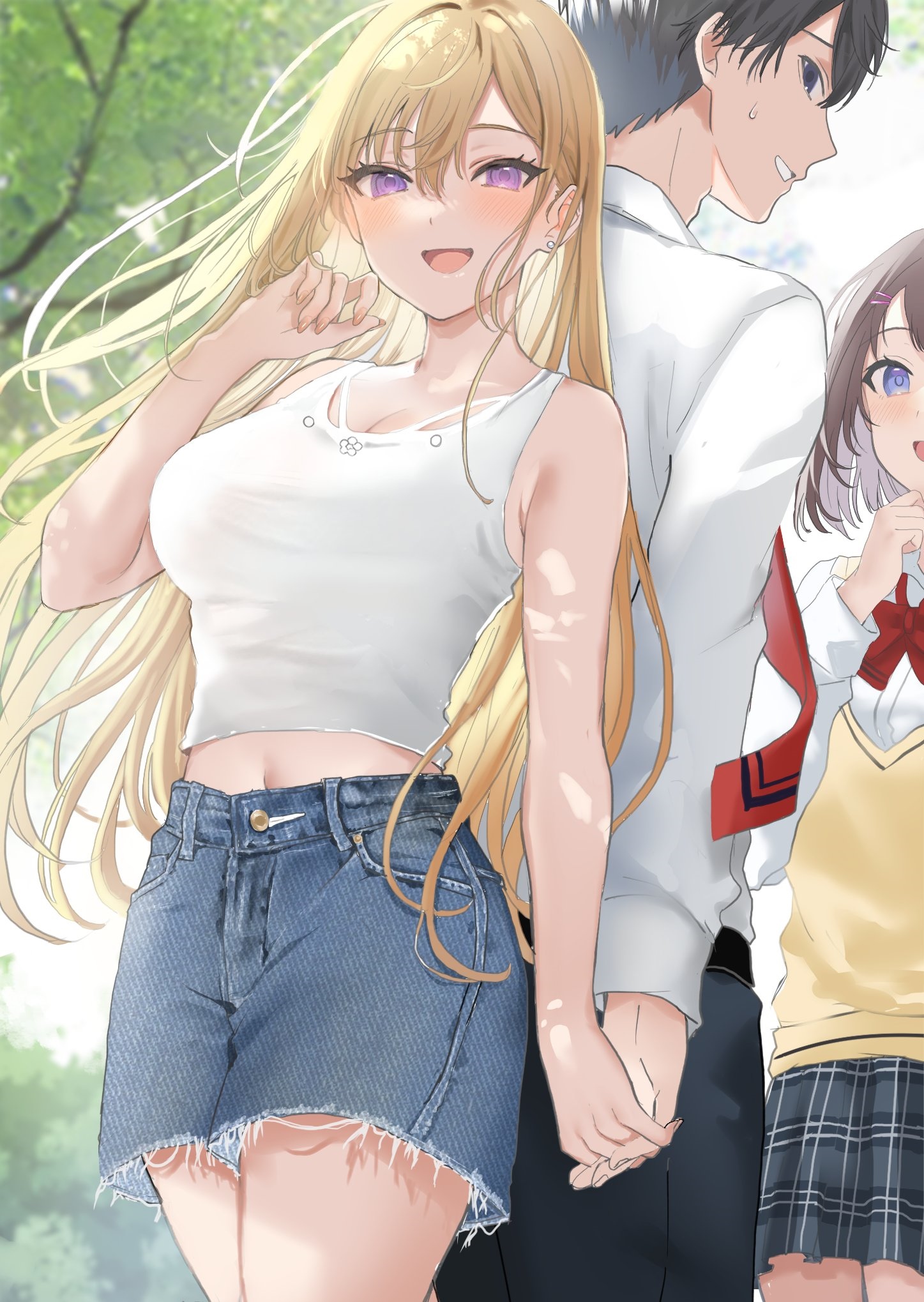 Anime girl in shorts with boys HD Phone Wallpaper