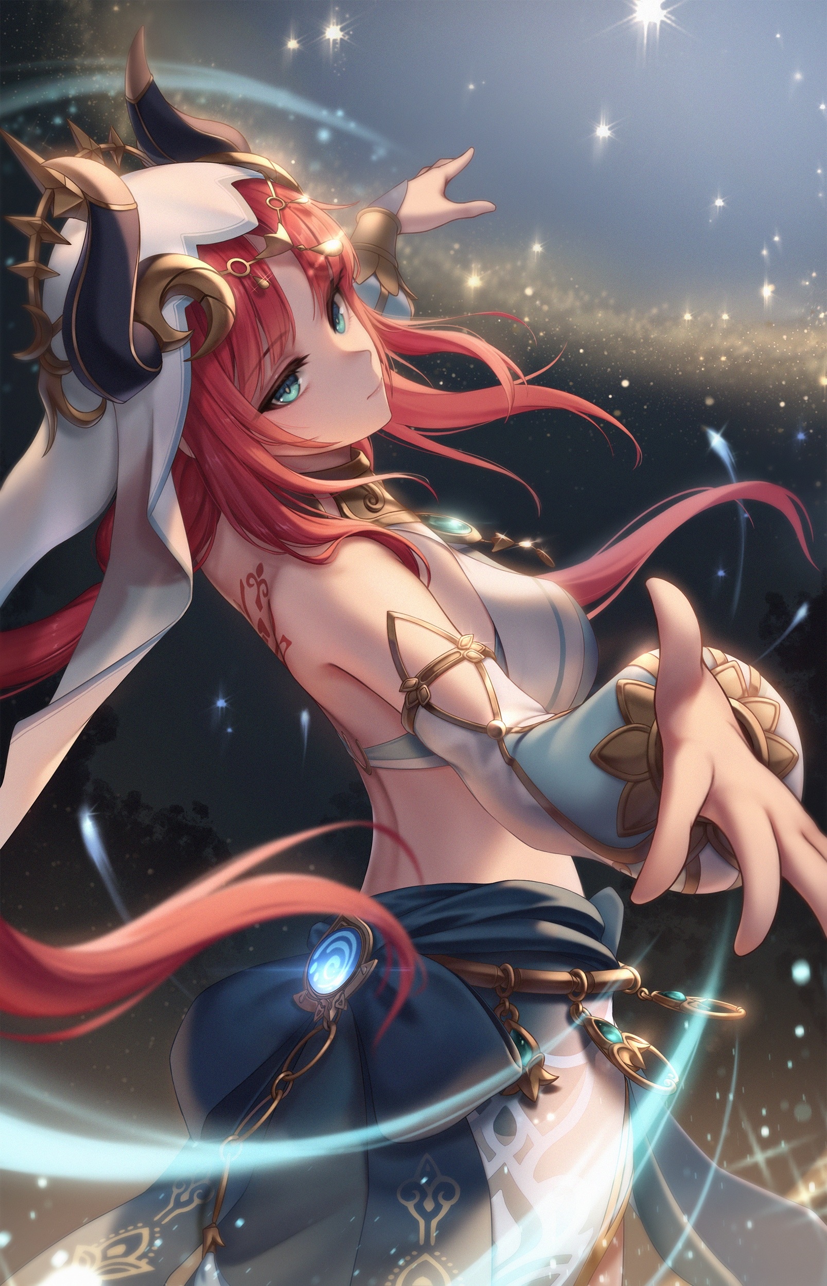 Nilou from Genshin Impact with red hair and blue eyes HD Phone Wallpaper
