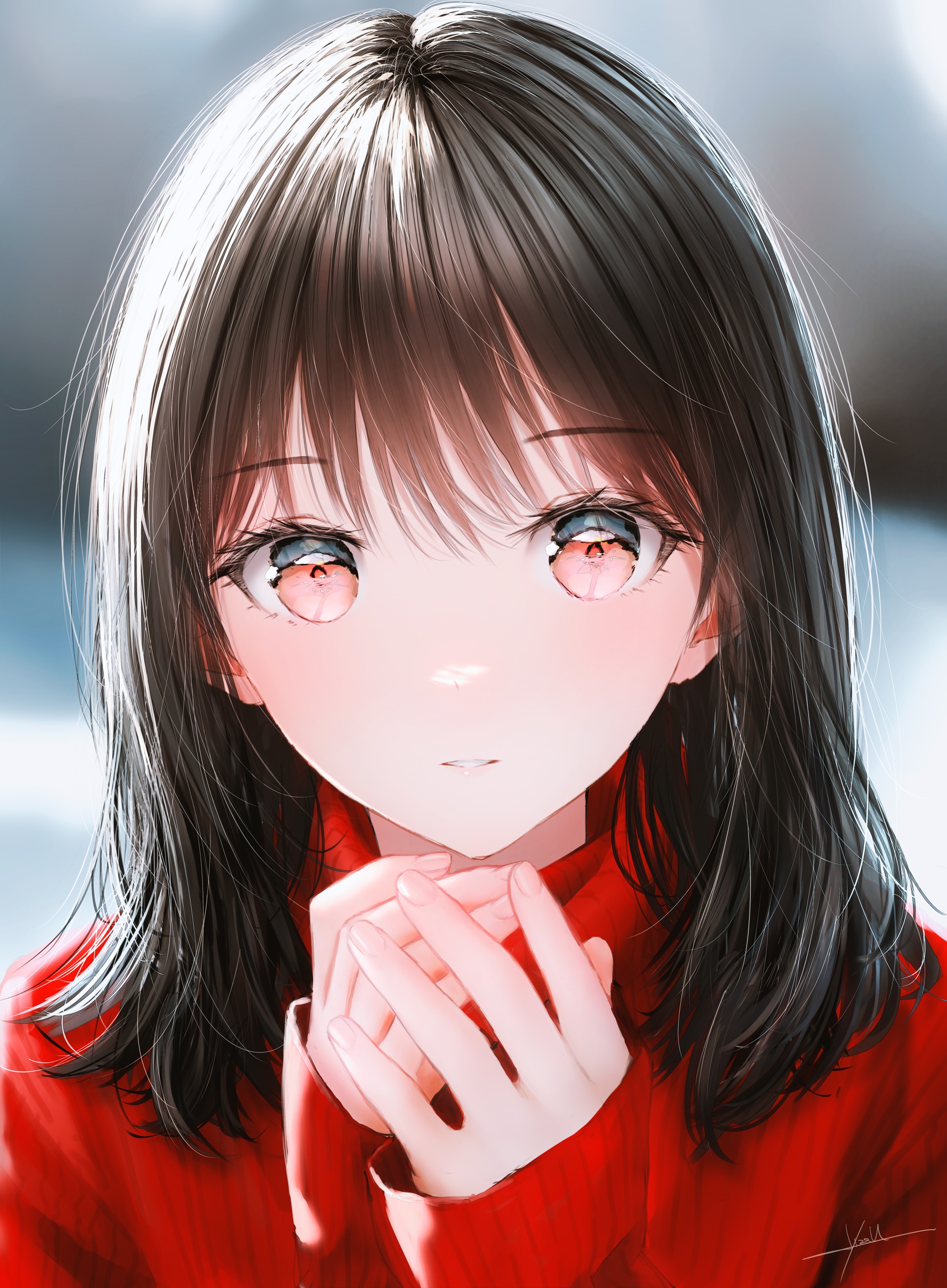 Anime girl with red eyes and black hair HD Phone Wallpaper