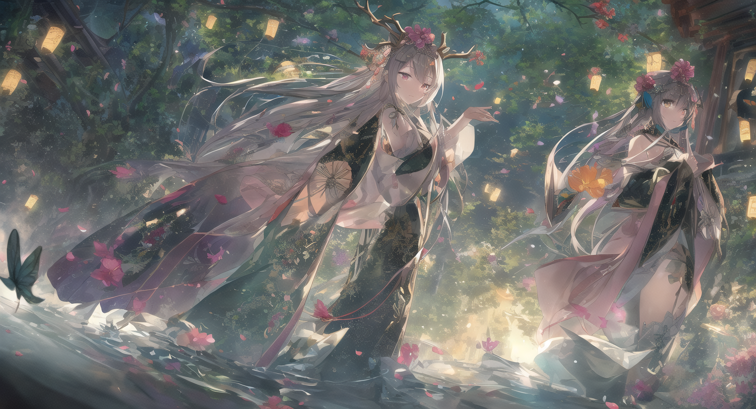 Two anime girls in traditional Chinese dresses in a forest HD Wallpaper