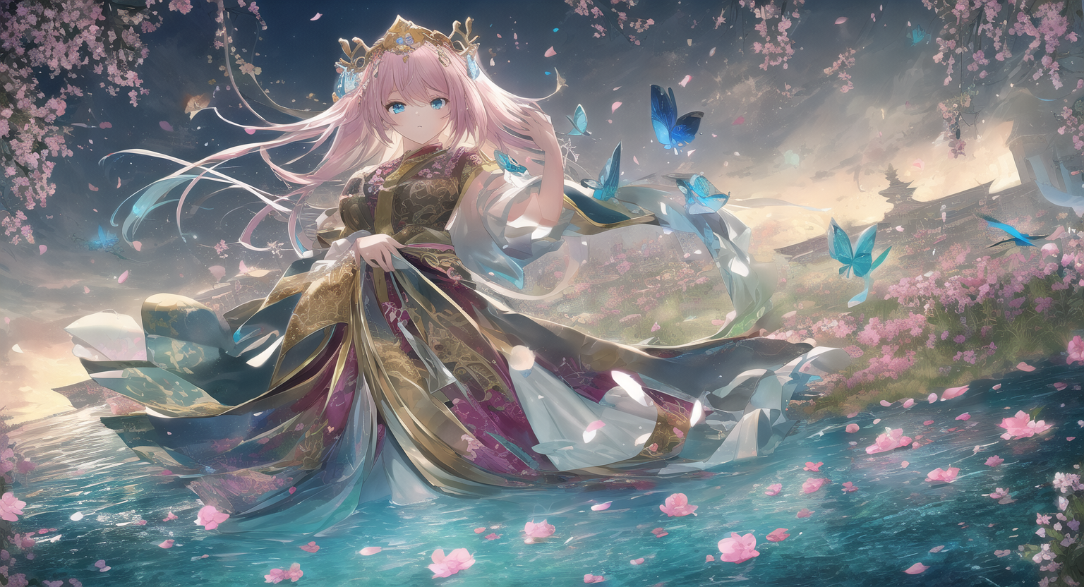 Anime girl with pink hair in a traditional dress surrounded by butterflies and flowers HD Wallpaper