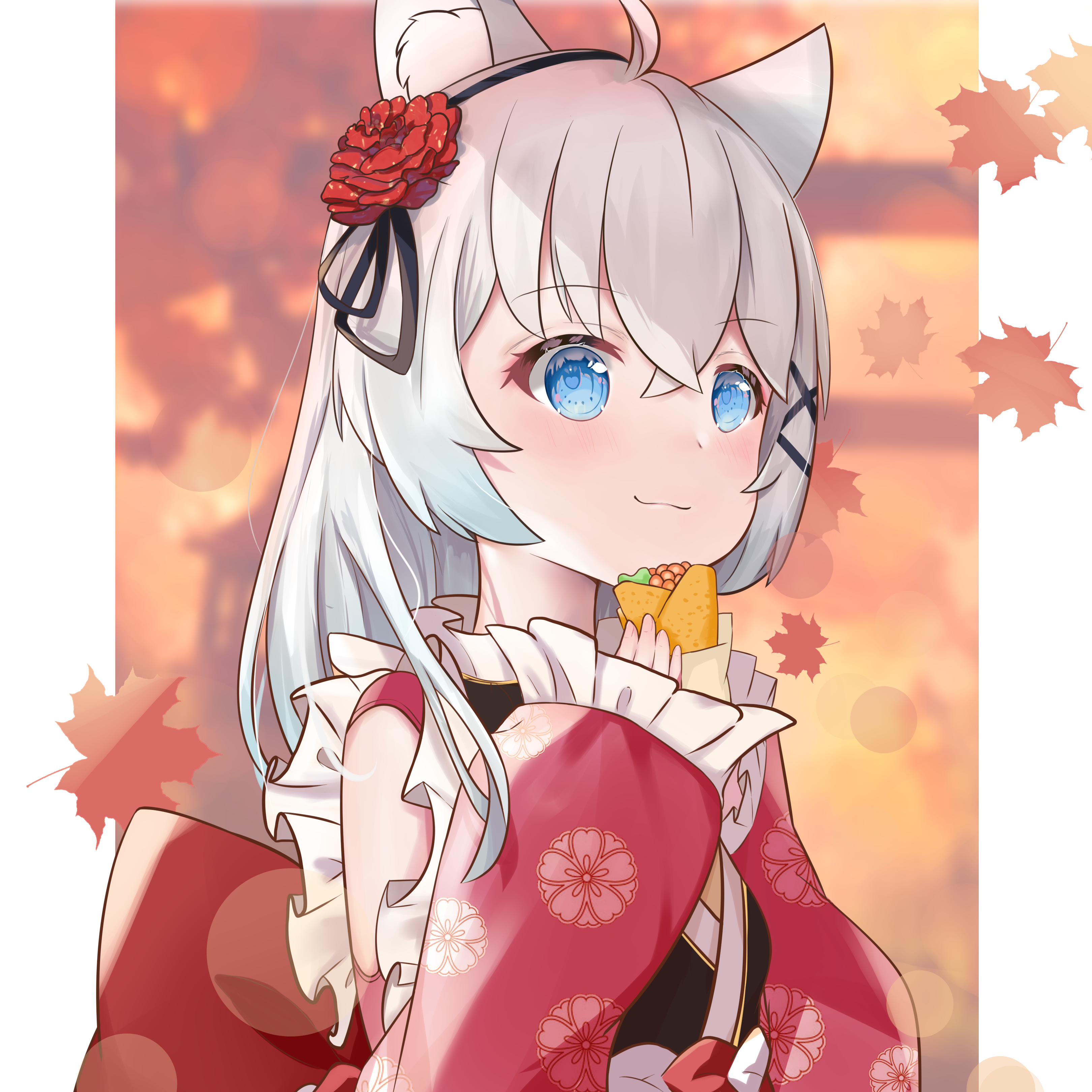 Cat girl in kimono eating a taco with autumn leaves HD Wallpaper