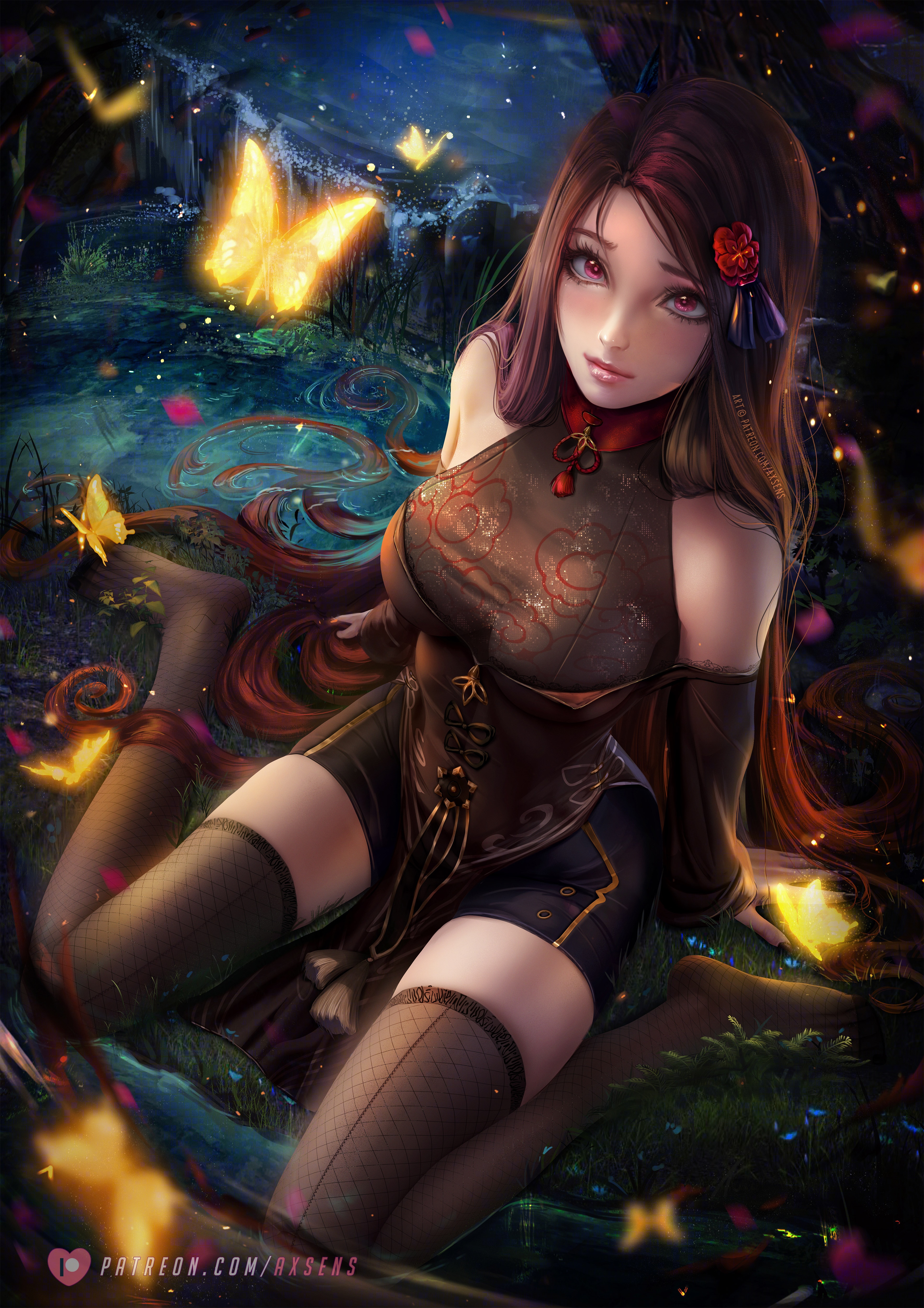 Woman with pink eyes and flower in hair with butterflies HD Phone Wallpaper