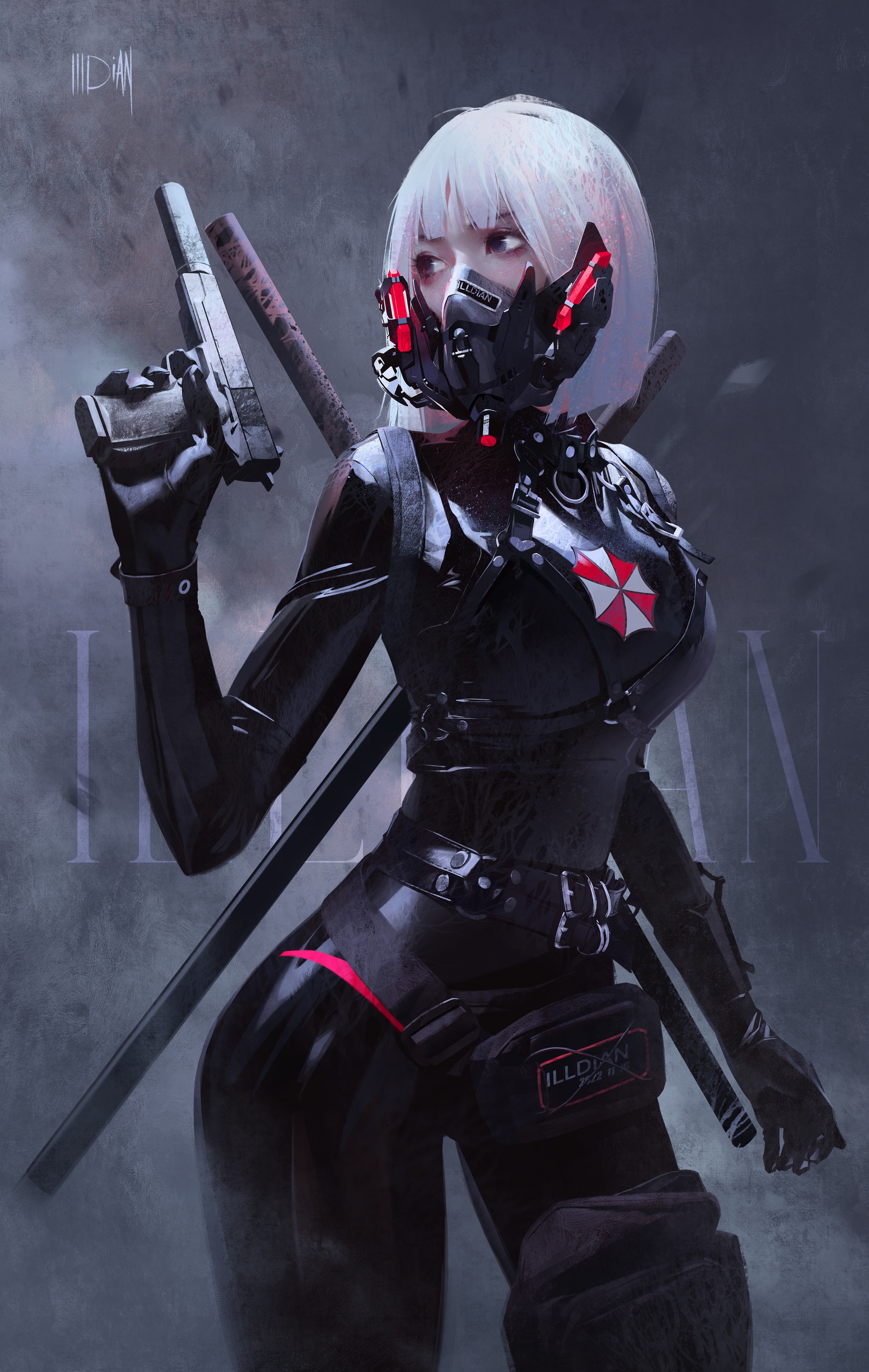 ILLDIAN with silver hair, mask, and pistol HD Phone Wallpaper