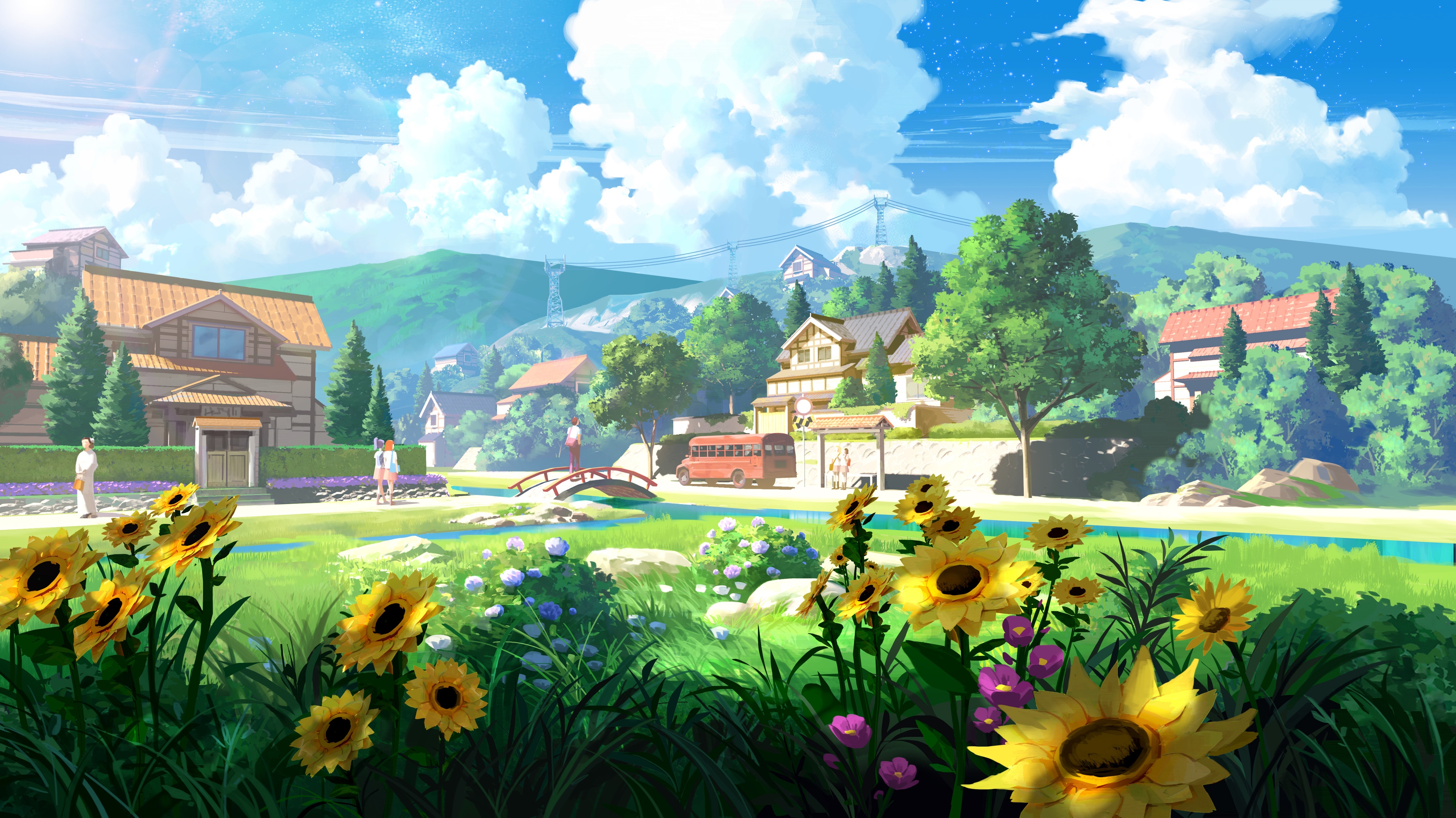 4K Village Landscape with Sunflowers and Clouds HD Wallpaper