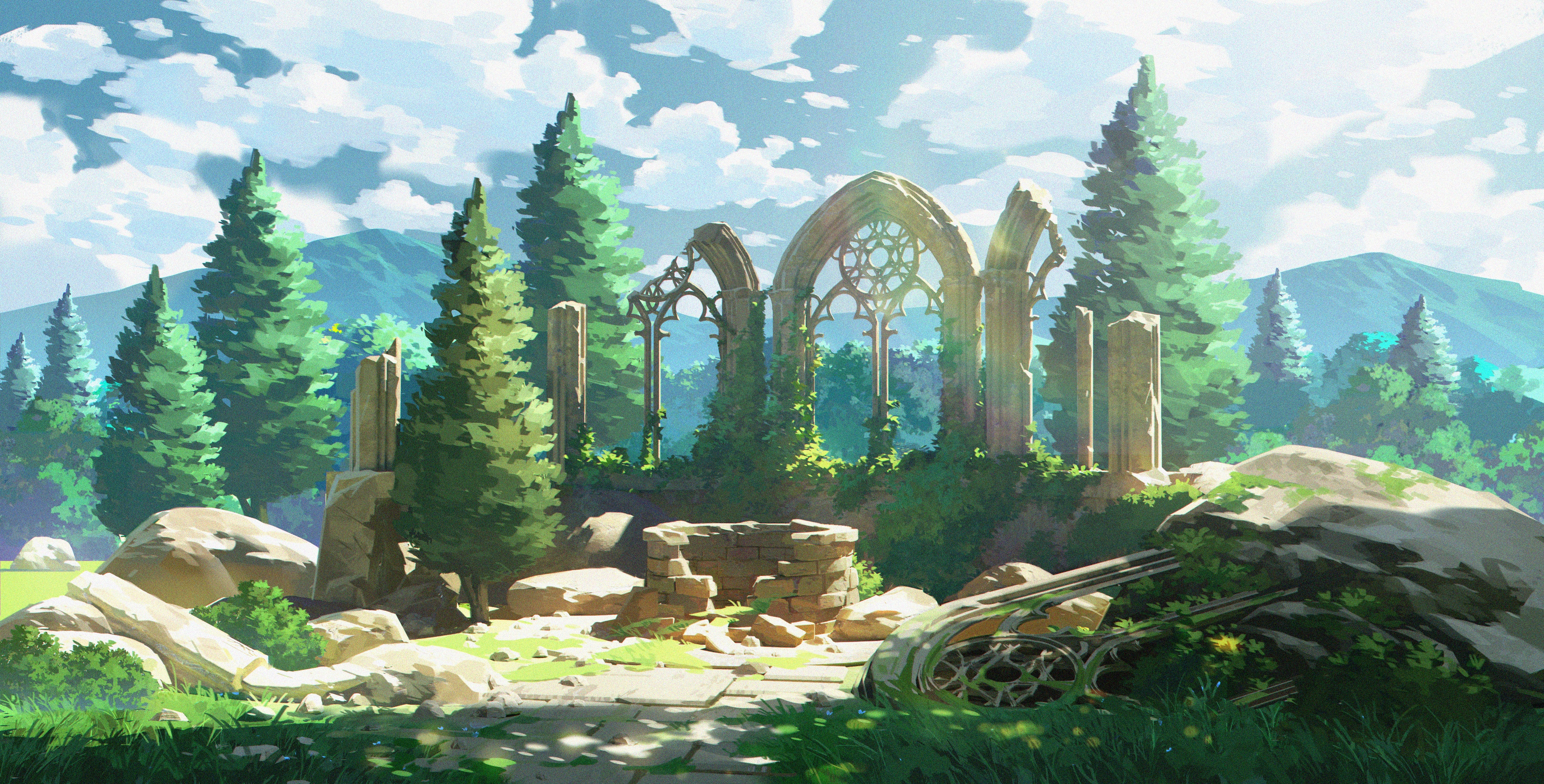 Ancient ruins in a forest with mountains HD Wallpaper