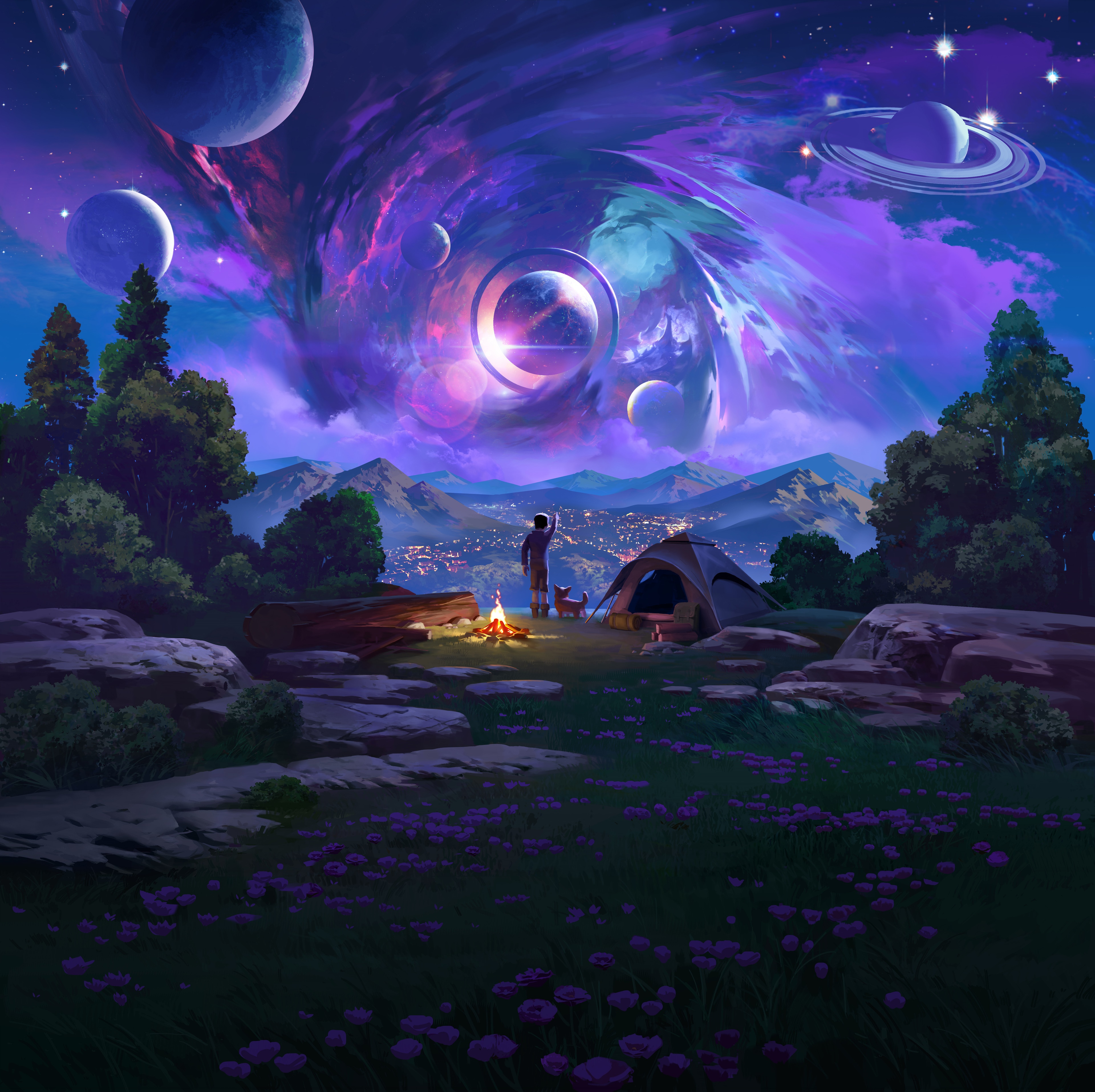4K Sci-Fi Landscape with Planets and Camping HD Wallpaper