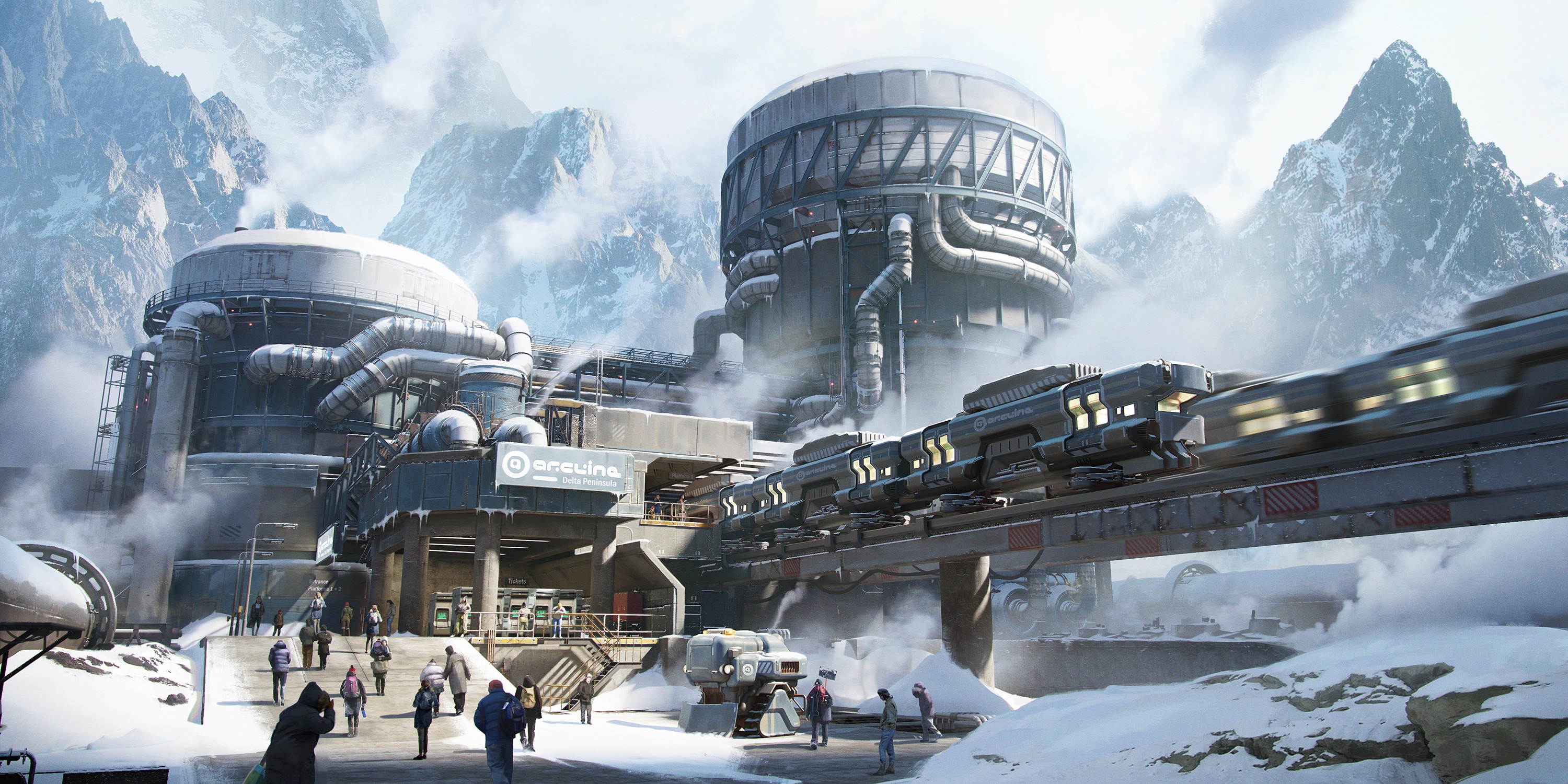 Futuristic Industrial Facility in Snowy Mountains HD Wallpaper