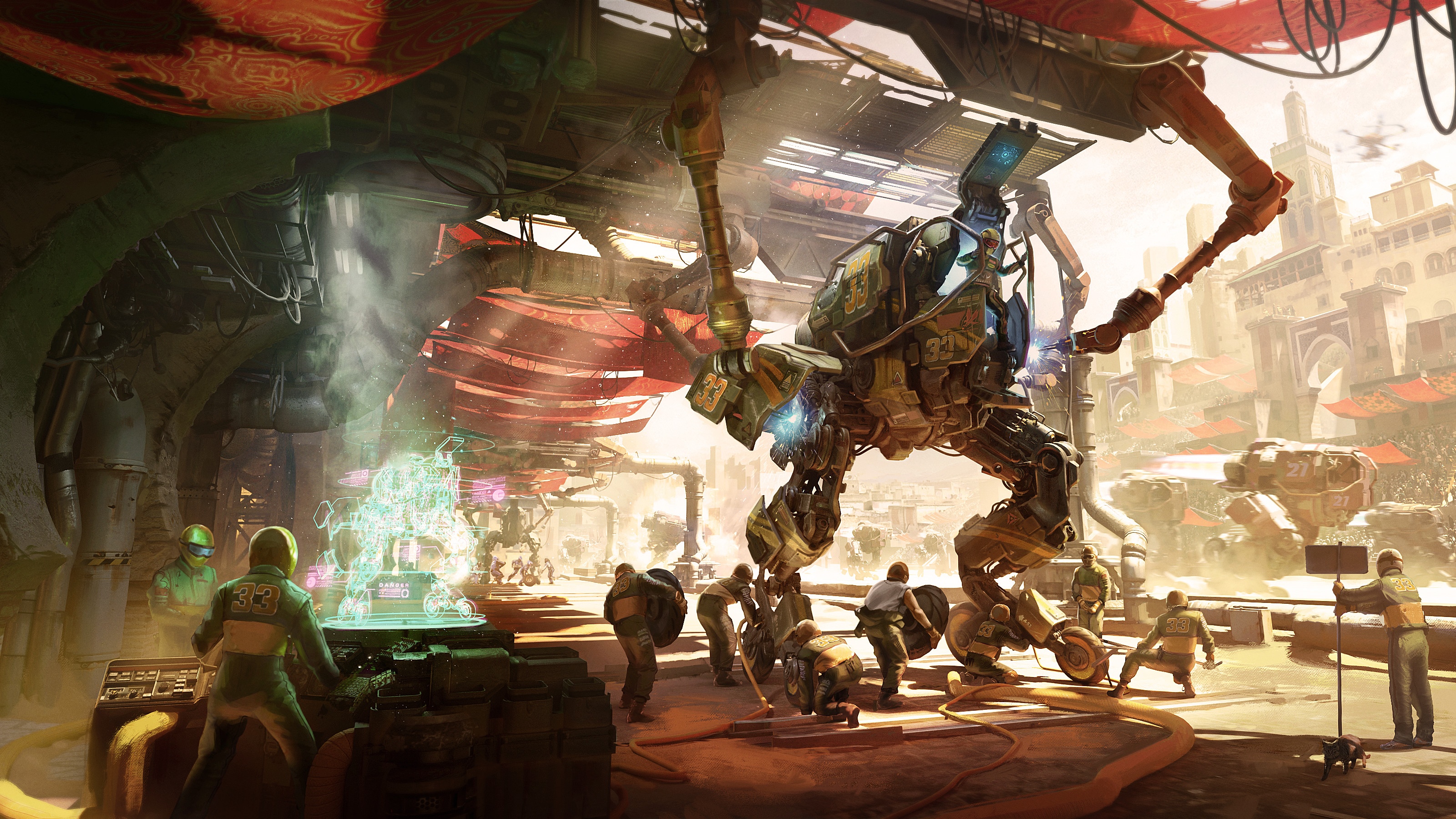 Gavin Manners' futuristic robot in a desert city arena HD Wallpaper