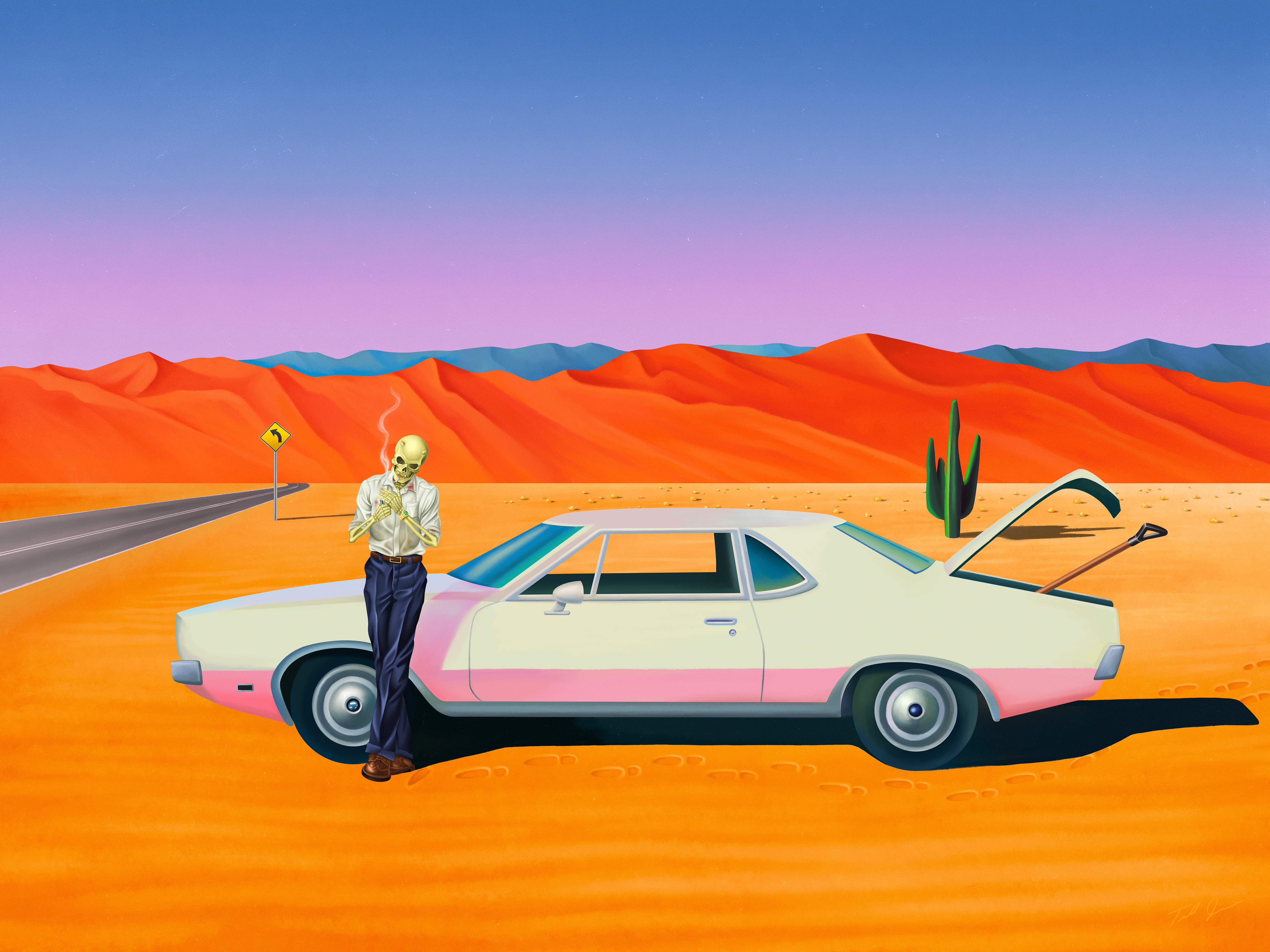Skeleton smoking by a car in the desert HD Wallpaper