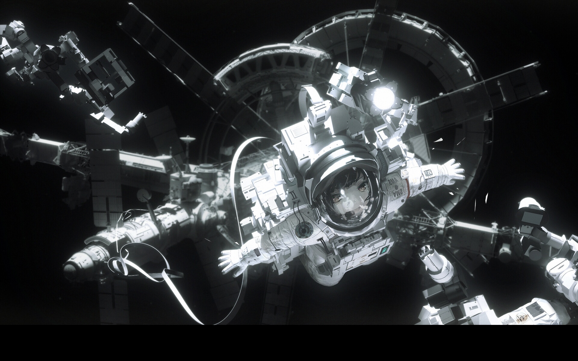 Anime astronaut floating near a space station HD Wallpaper