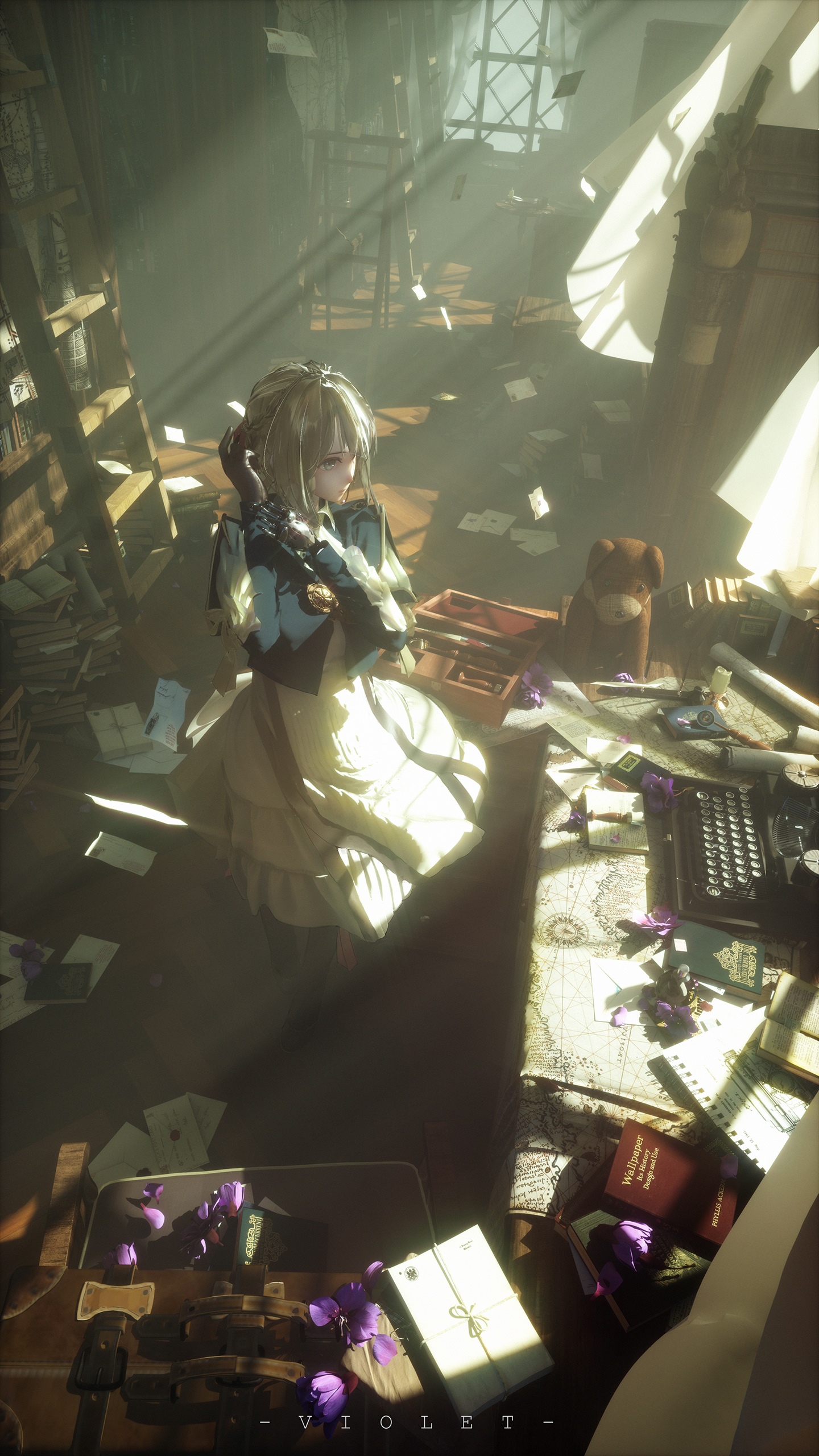 Violet Evergarden in a cluttered room with letters HD Phone Wallpaper