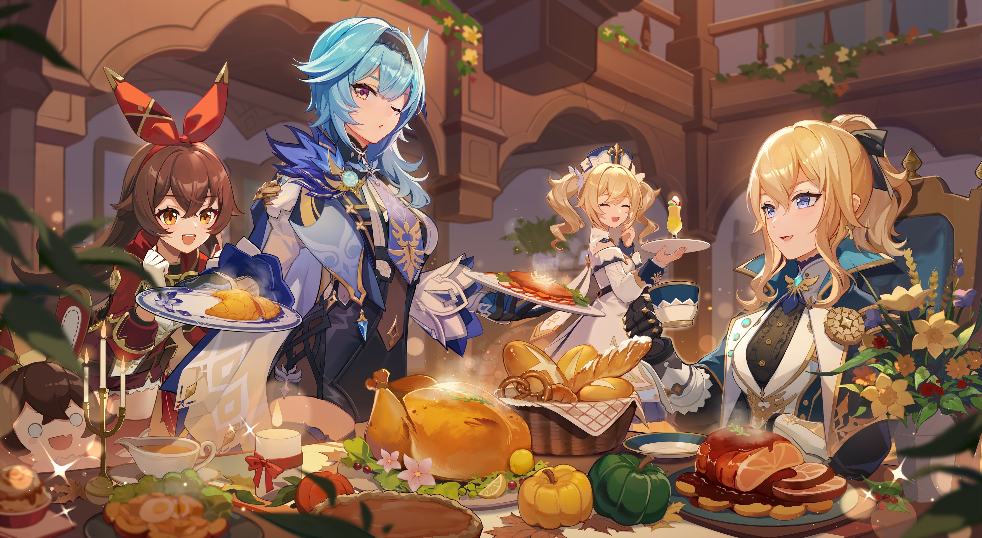 Genshin Impact: Amber, Eula, Barbara, and Jean at a Feast HD Wallpaper