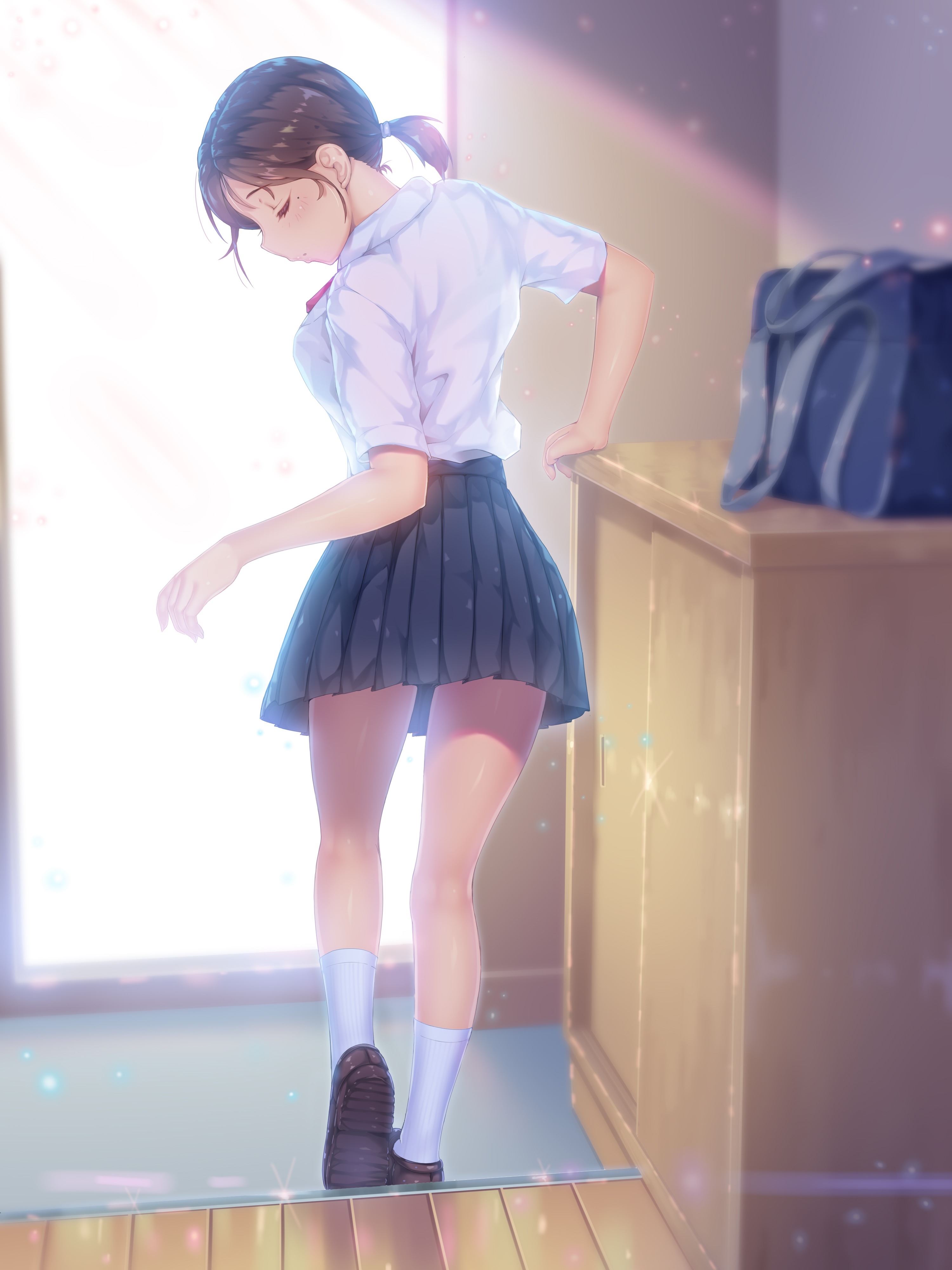 Schoolgirl in uniform with a backpack HD Phone Wallpaper