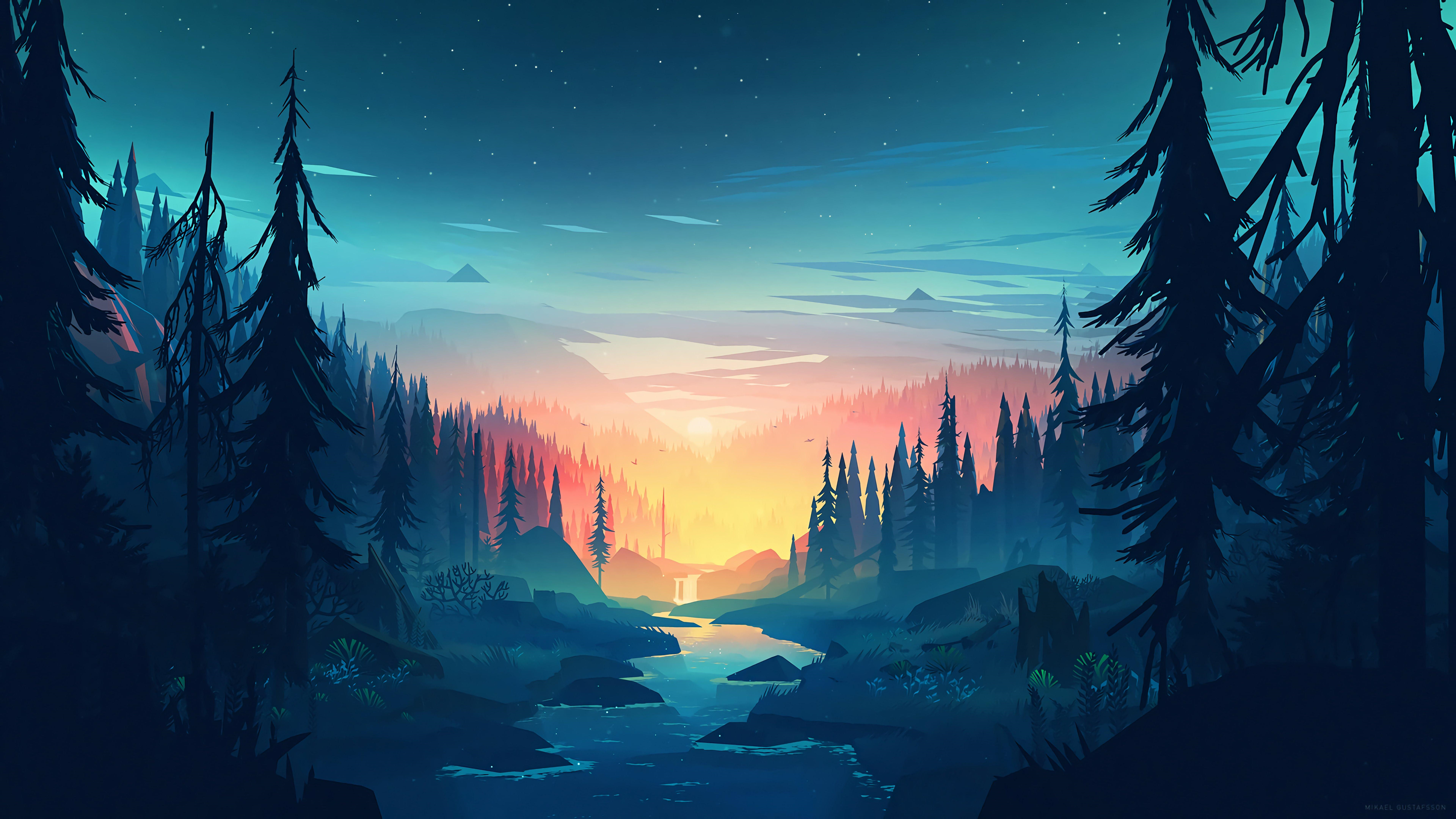 4K Forest Landscape with River and Sunset HD Wallpaper