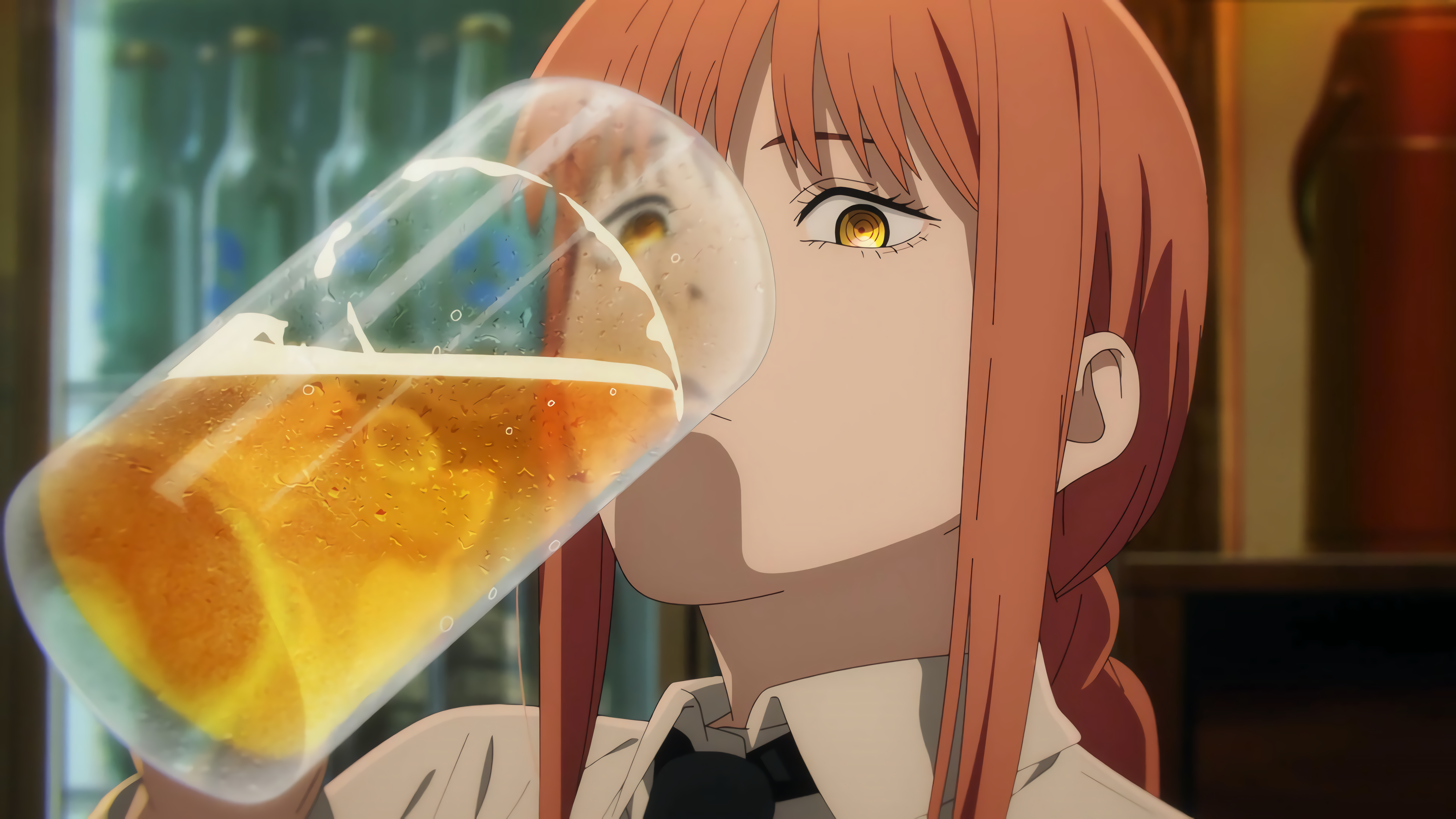 Makima drinking beer from a mug in Chainsaw Man HD Wallpaper