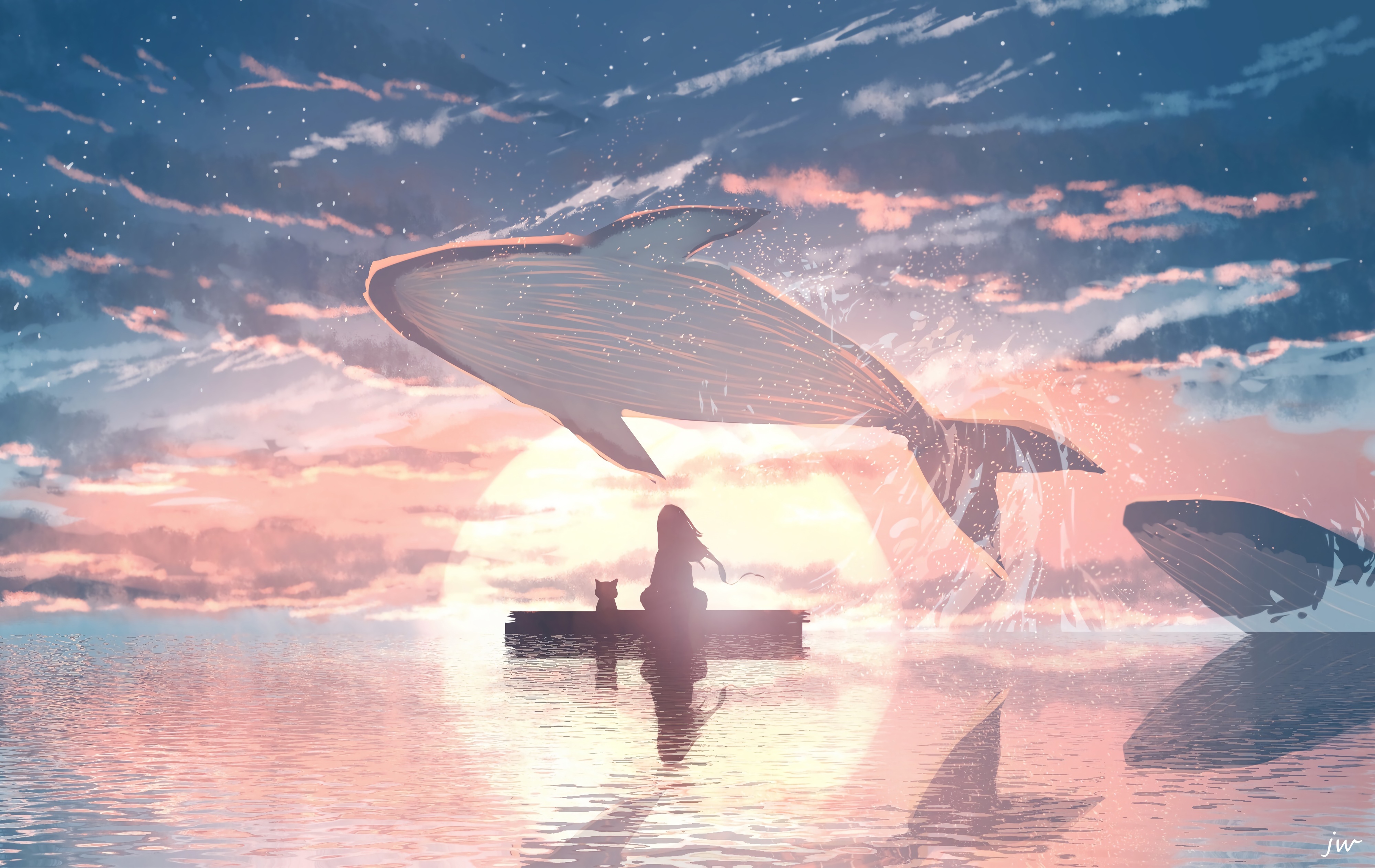 4K Sunset with Jumping Whales and Girl HD Wallpaper