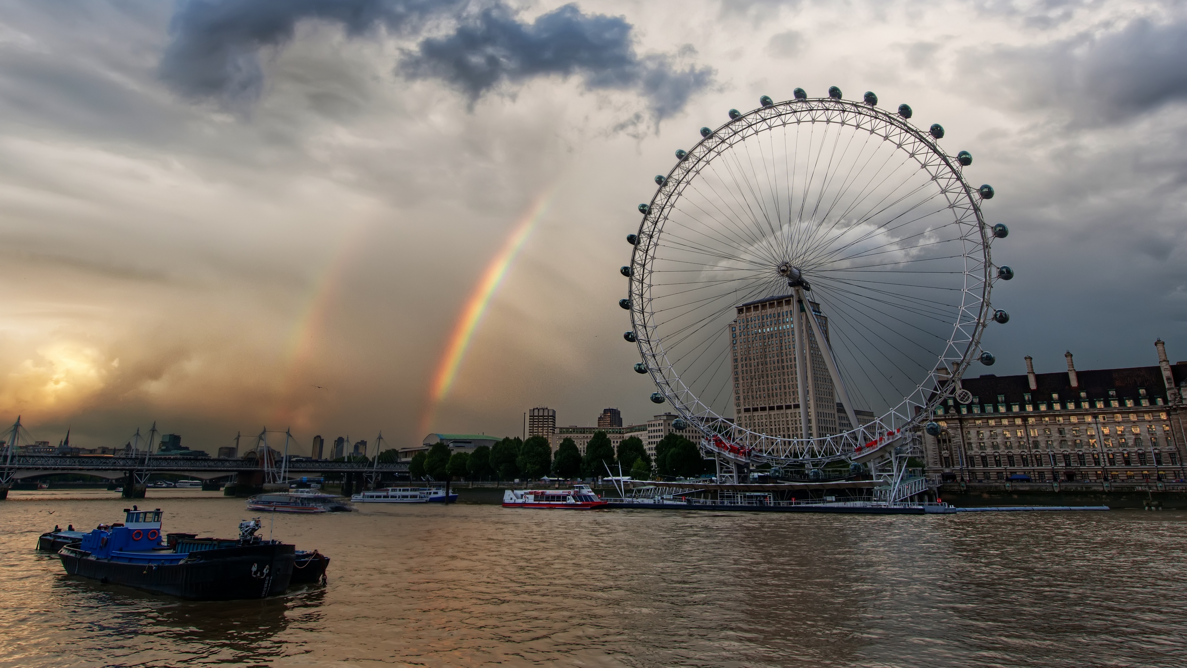 4K London Eye with Rainbow over River Thames HD Wallpaper