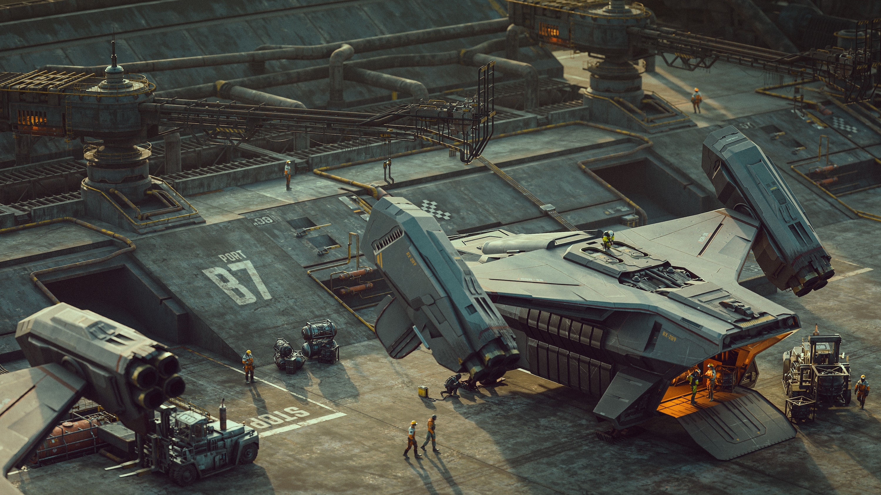 Futuristic spaceship at Port 87 HD Wallpaper