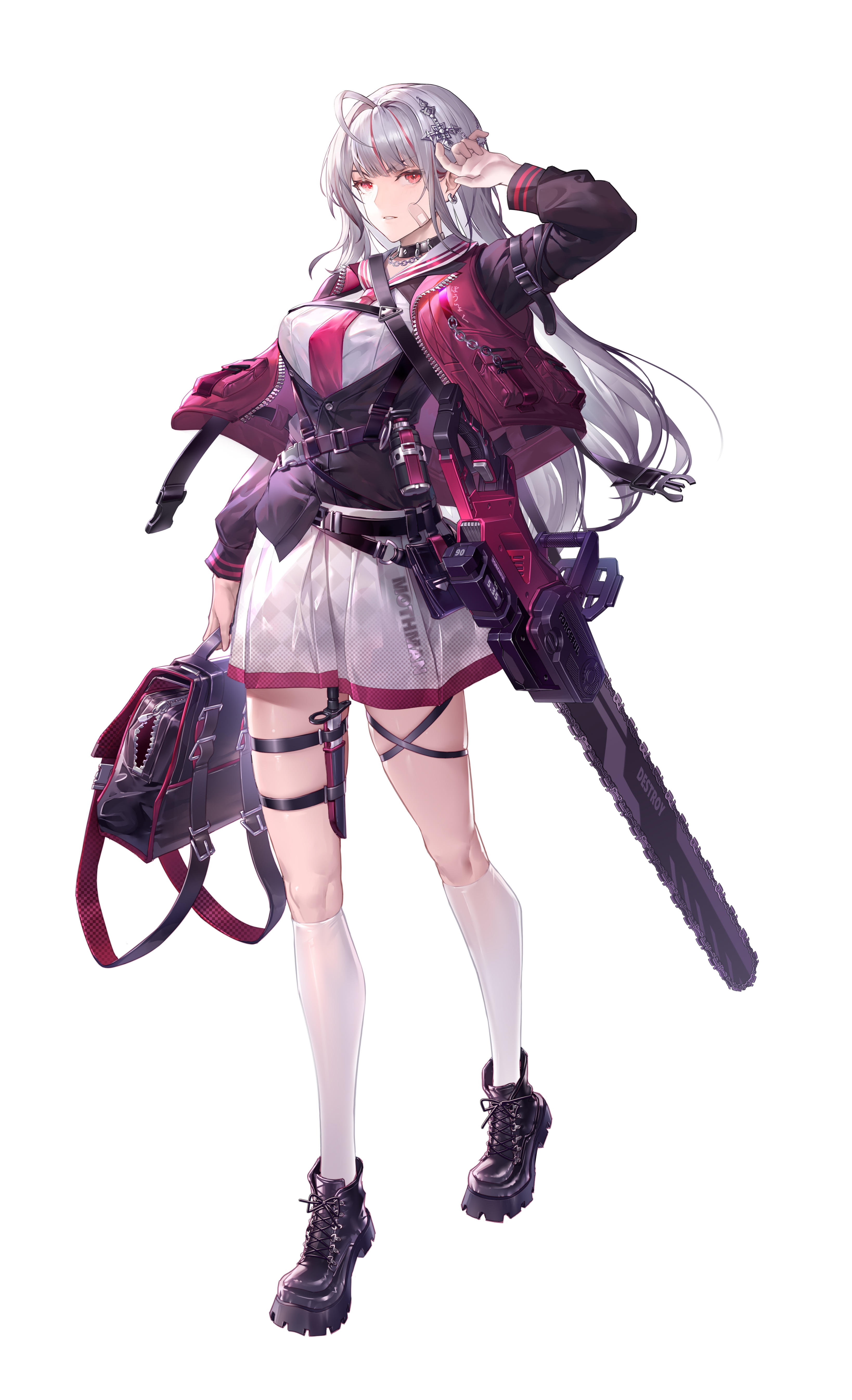 Anime girl with white hair and chainsaw HD Phone Wallpaper