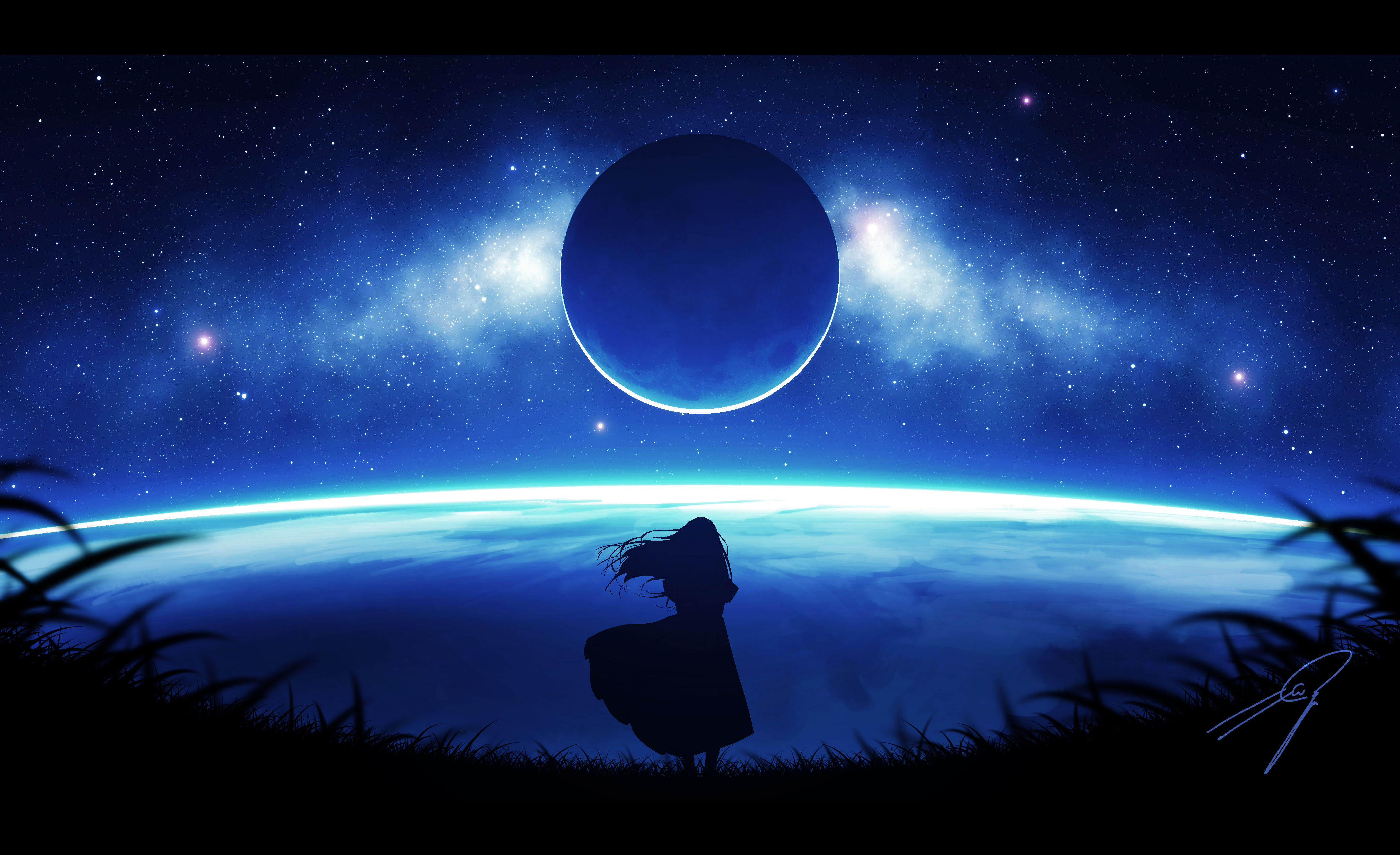 4K Silhouette of a Girl under a Large Moon and Galaxy HD Wallpaper