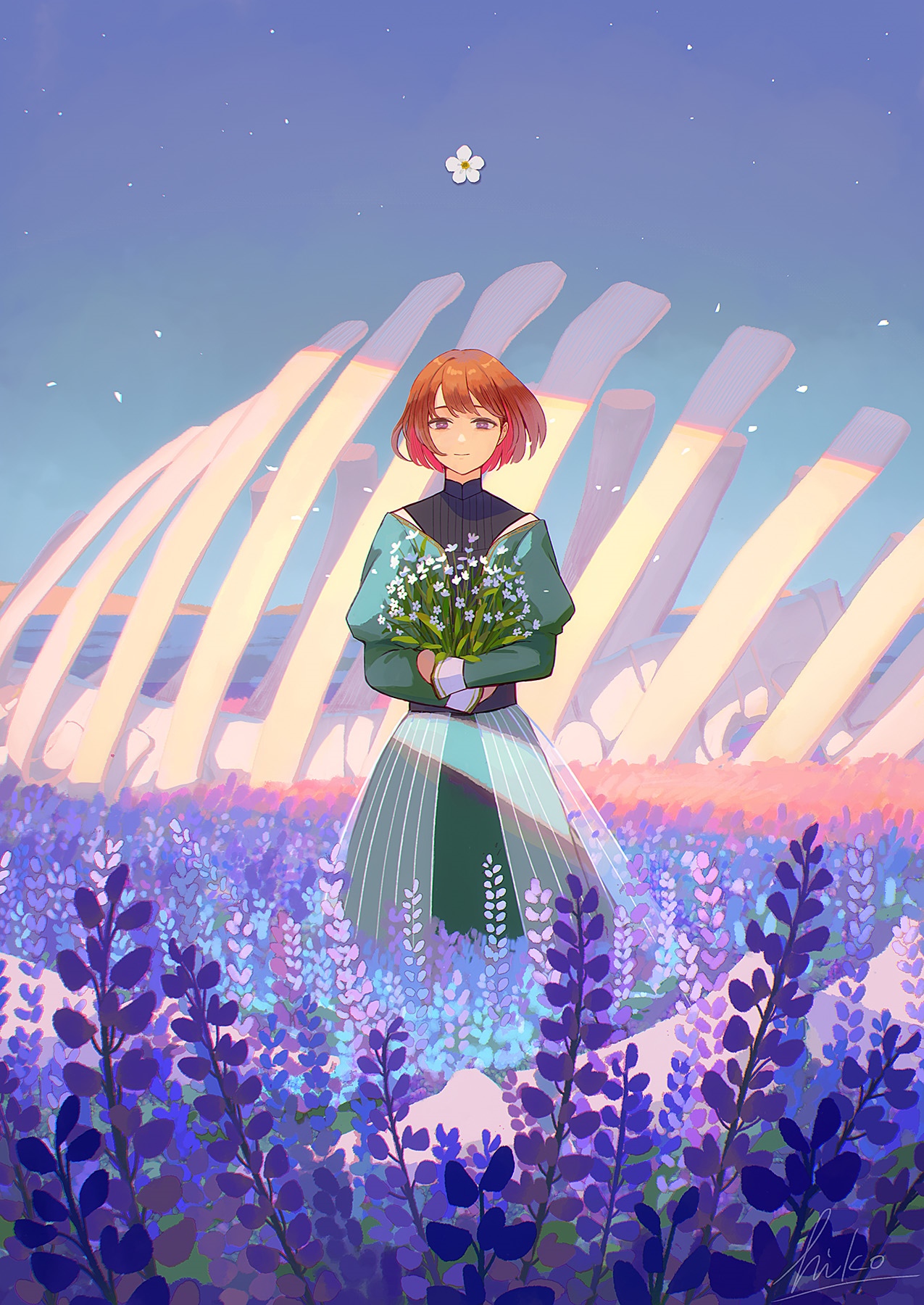 Girl in a field of flowers holding a bouquet HD Phone Wallpaper