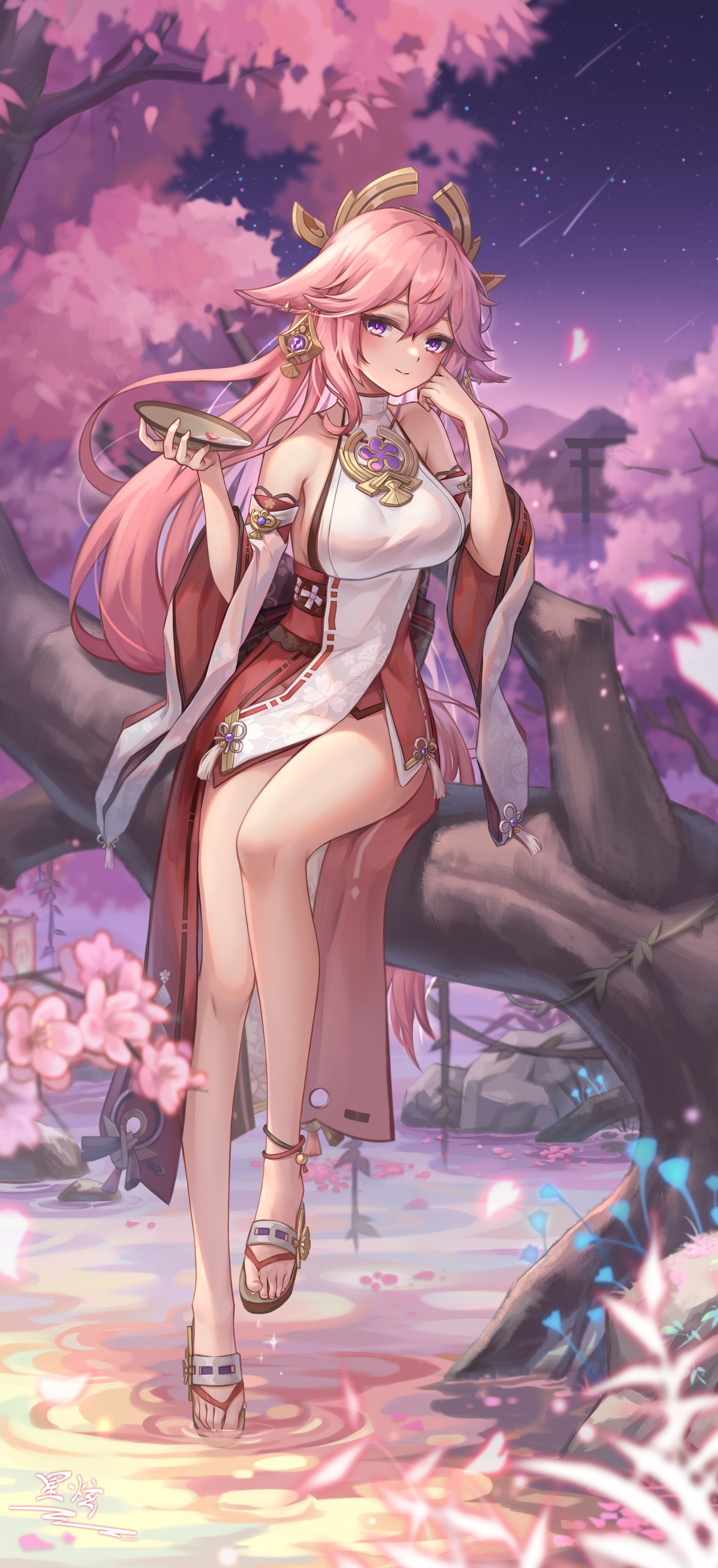Yae Miko from Genshin Impact sitting on a tree branch HD Phone Wallpaper