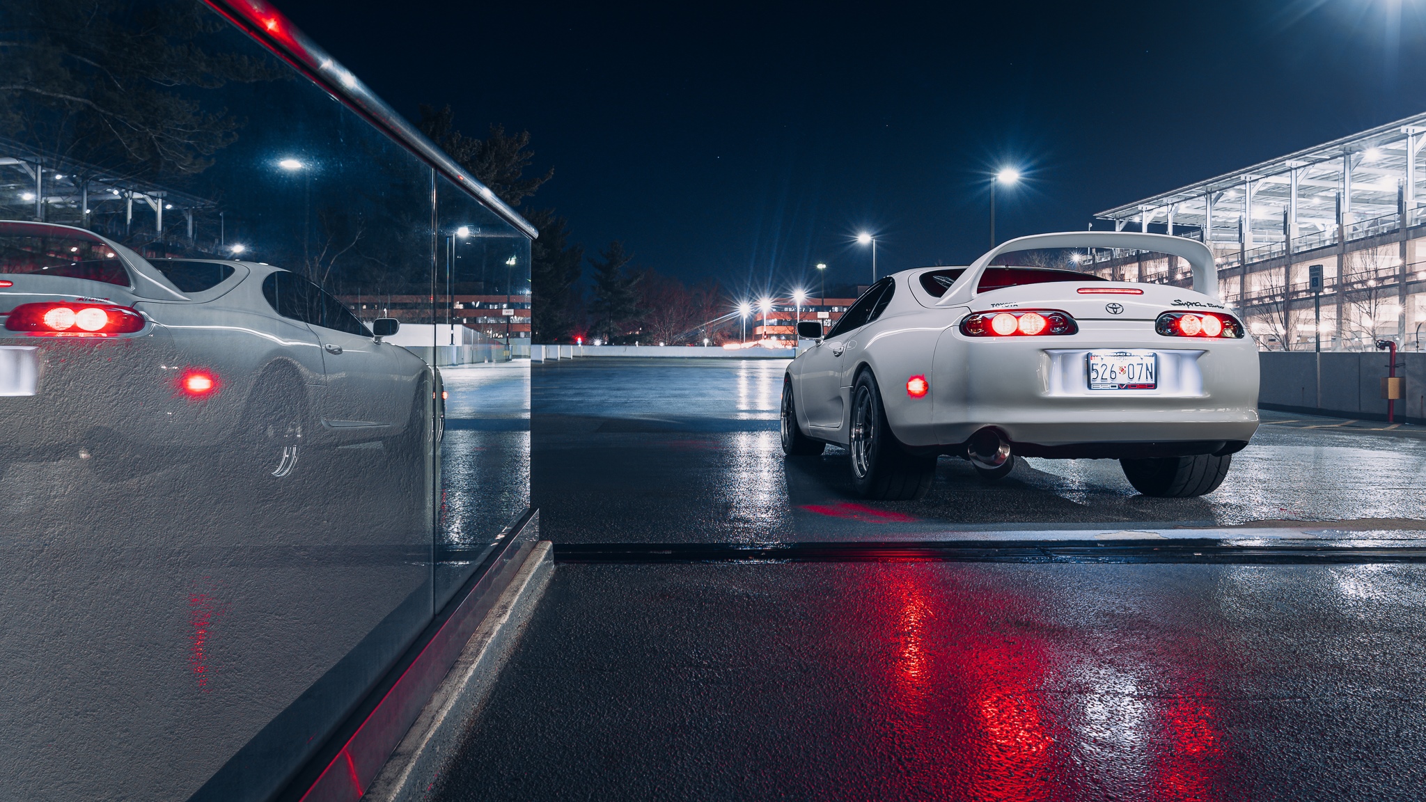 White Toyota Supra parked at night with reflections HD Wallpaper