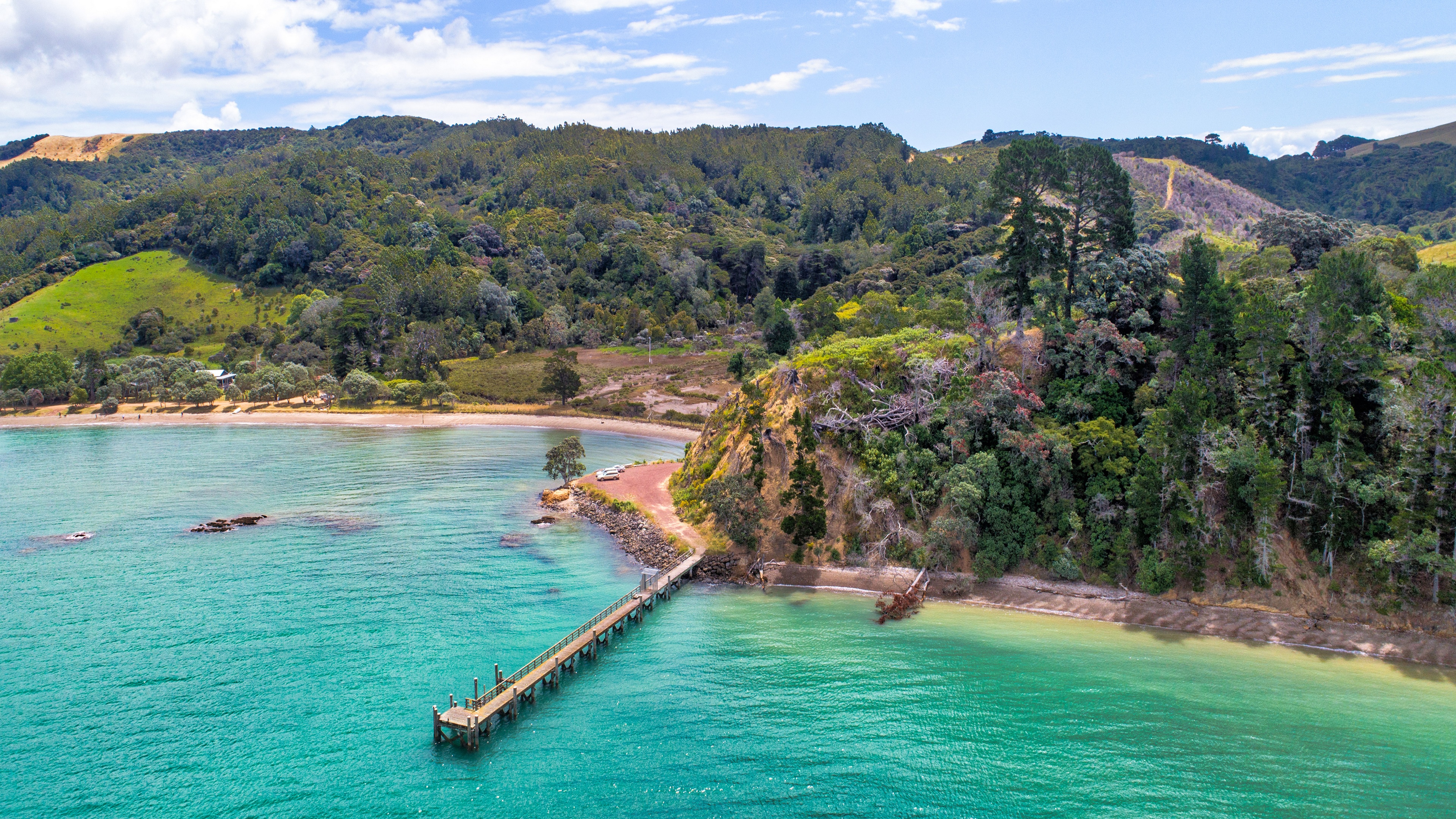 4K landscape of New Zealand coast with pier HD Wallpaper