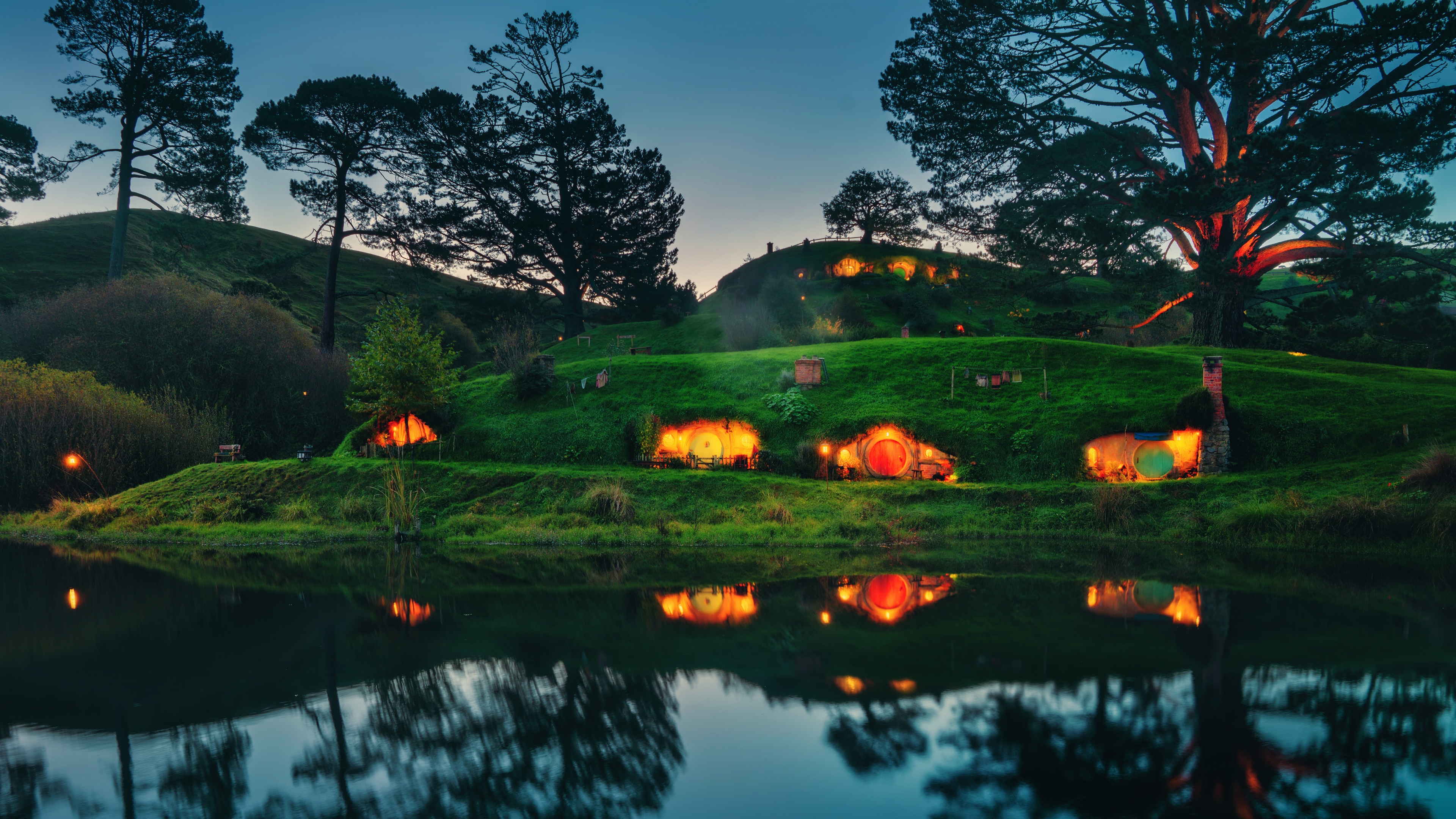 Hobbiton New Zealand Landscape Reflection 4K HD Wallpaper