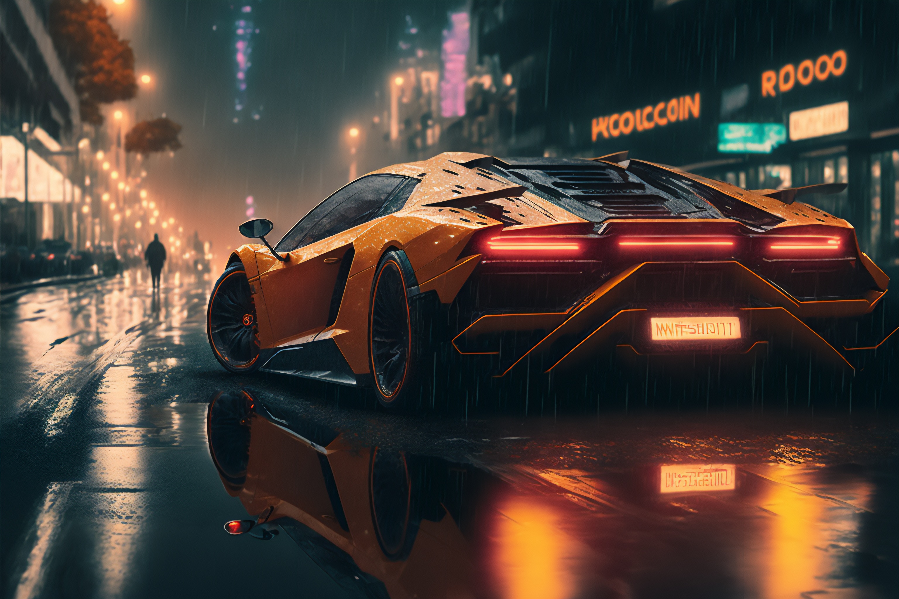 Cyberpunk orange sports car in the rain HD Wallpaper