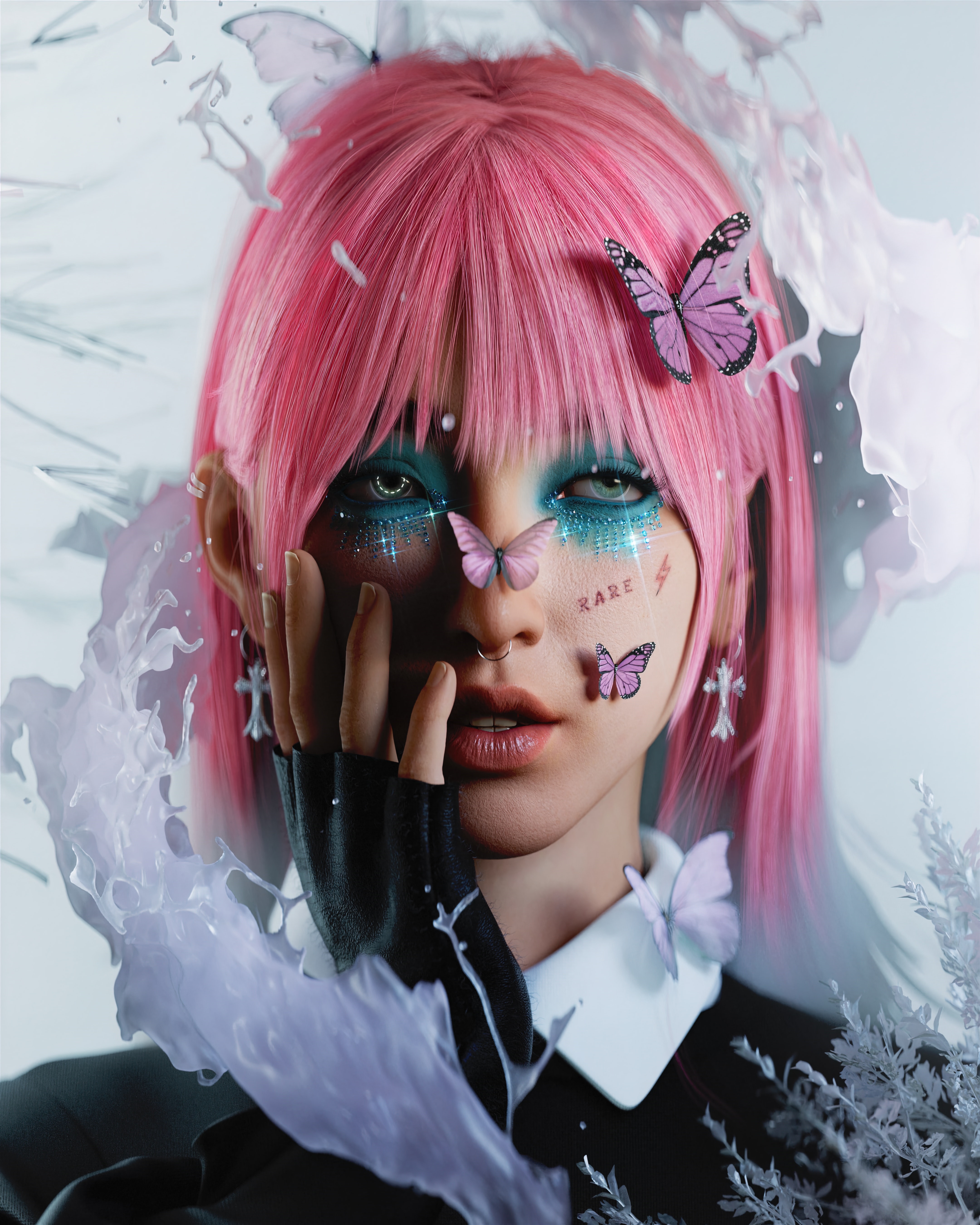4K Punk Woman with Pink Hair and Butterflies HD Phone Wallpaper