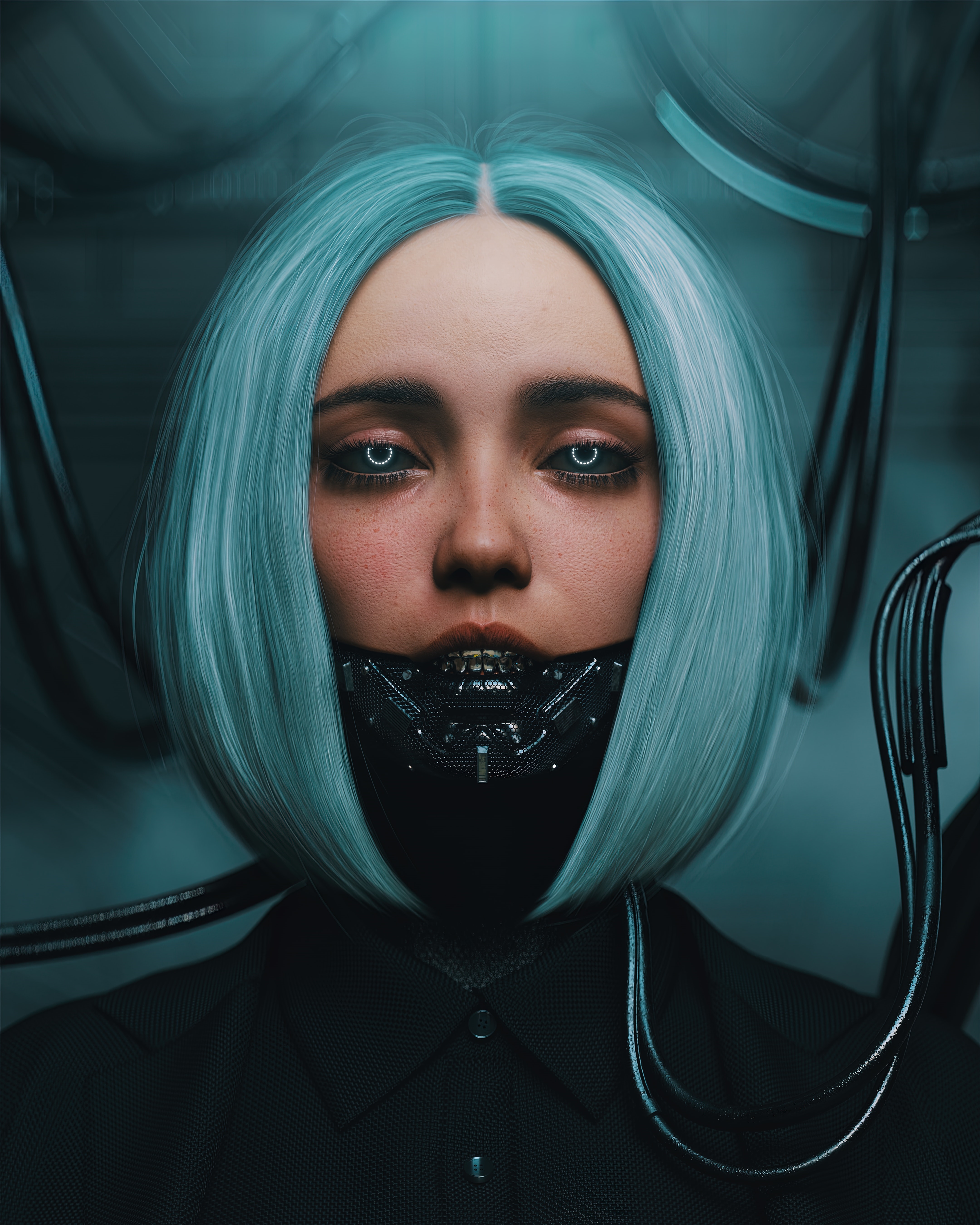 4K Cyberpunk Artwork of a Woman with Blue Hair and Mask HD Phone Wallpaper