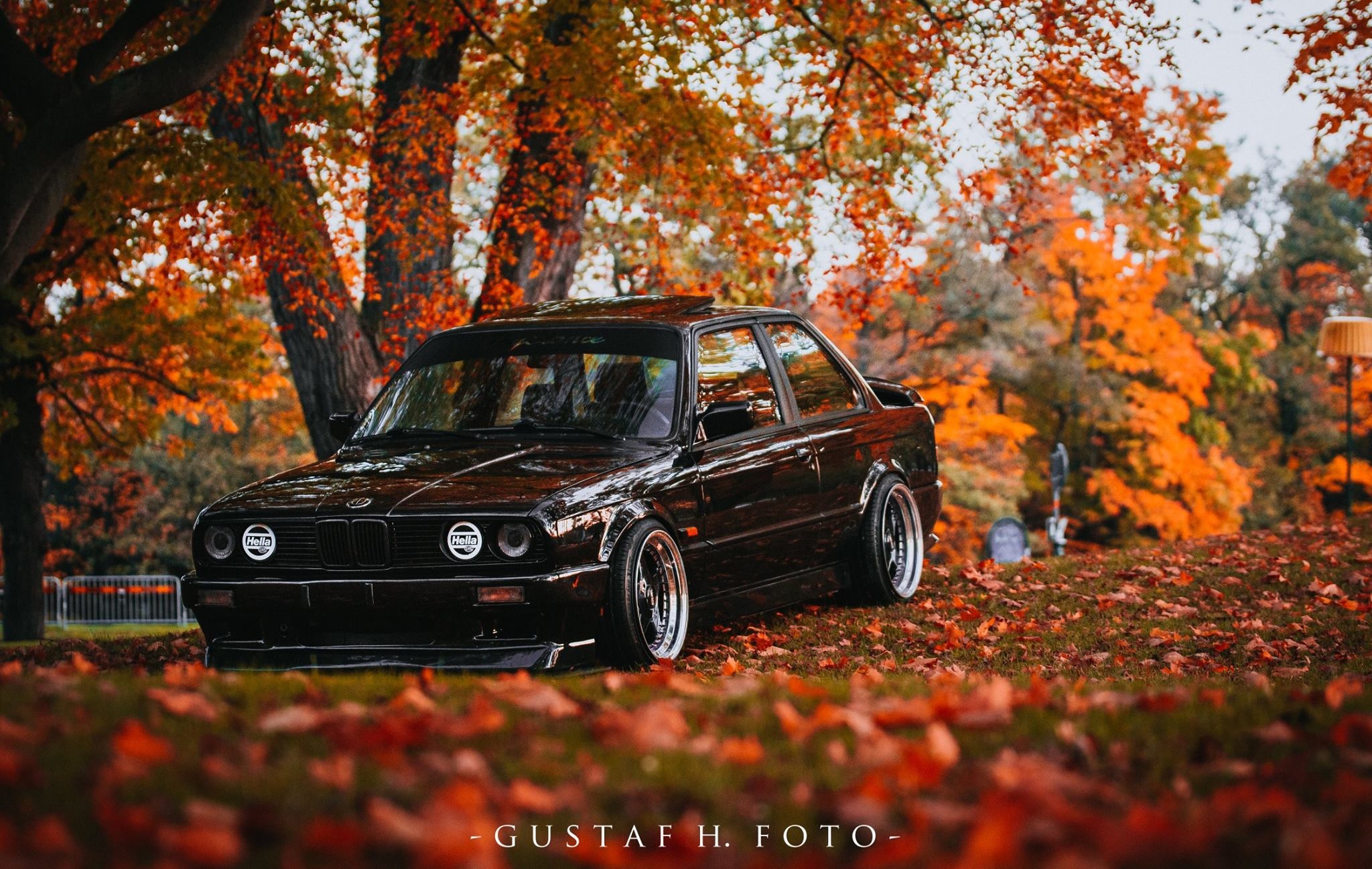 Black BMW E30 in Fall Foliage HD Wallpaper