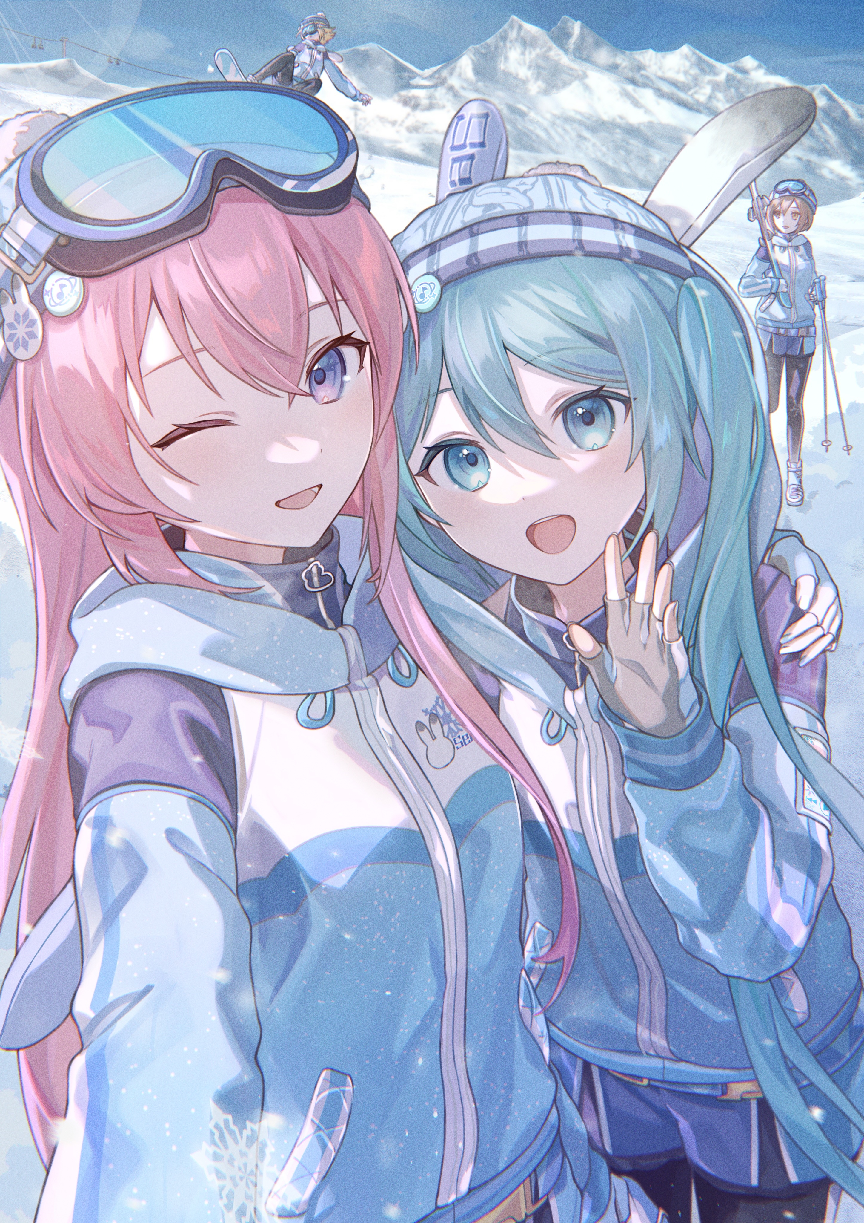 Anime girls taking a selfie on a snowy mountain HD Phone Wallpaper