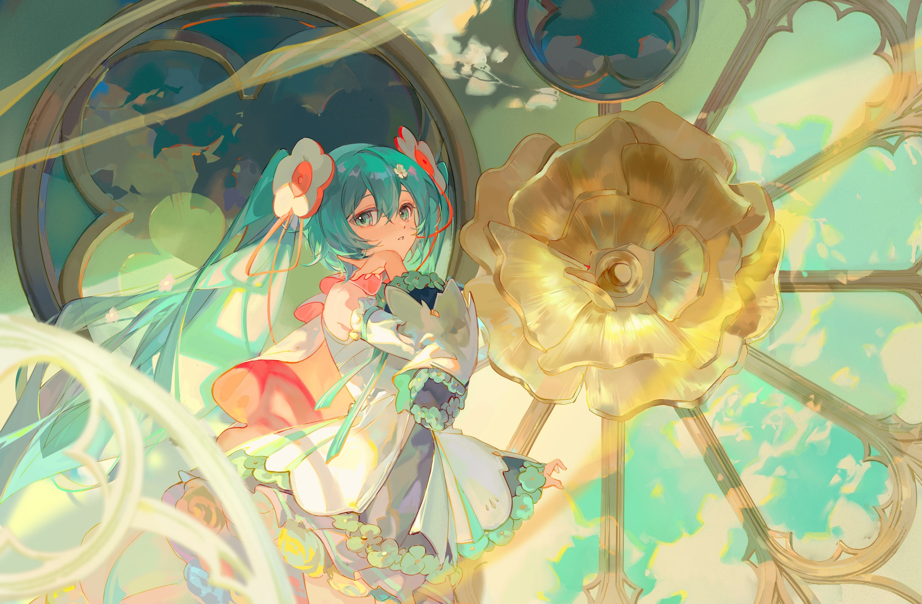 Hatsune Miku in a white dress with a golden rose HD Wallpaper