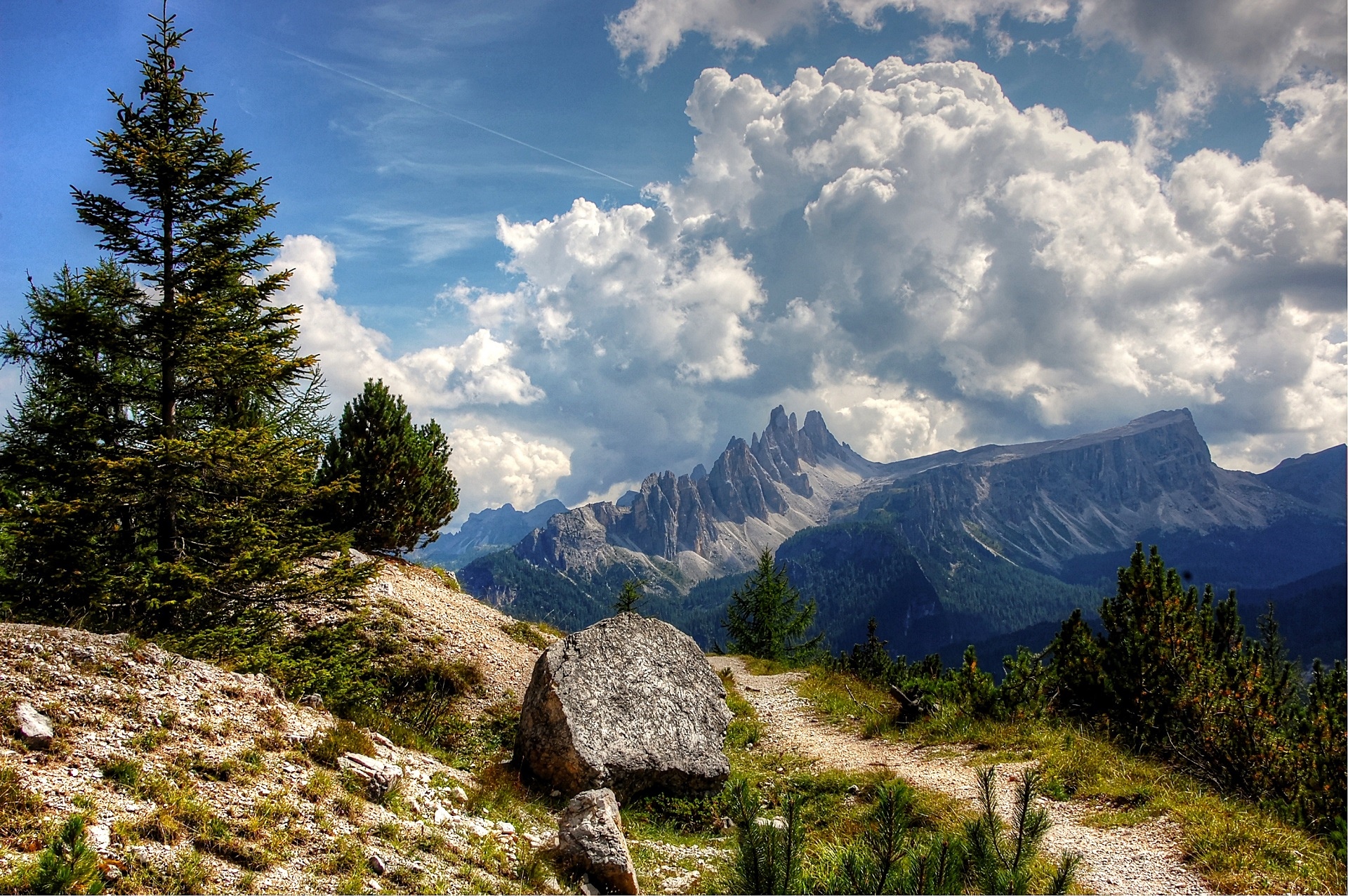 Mountain landscape with trees and clouds HD Wallpaper