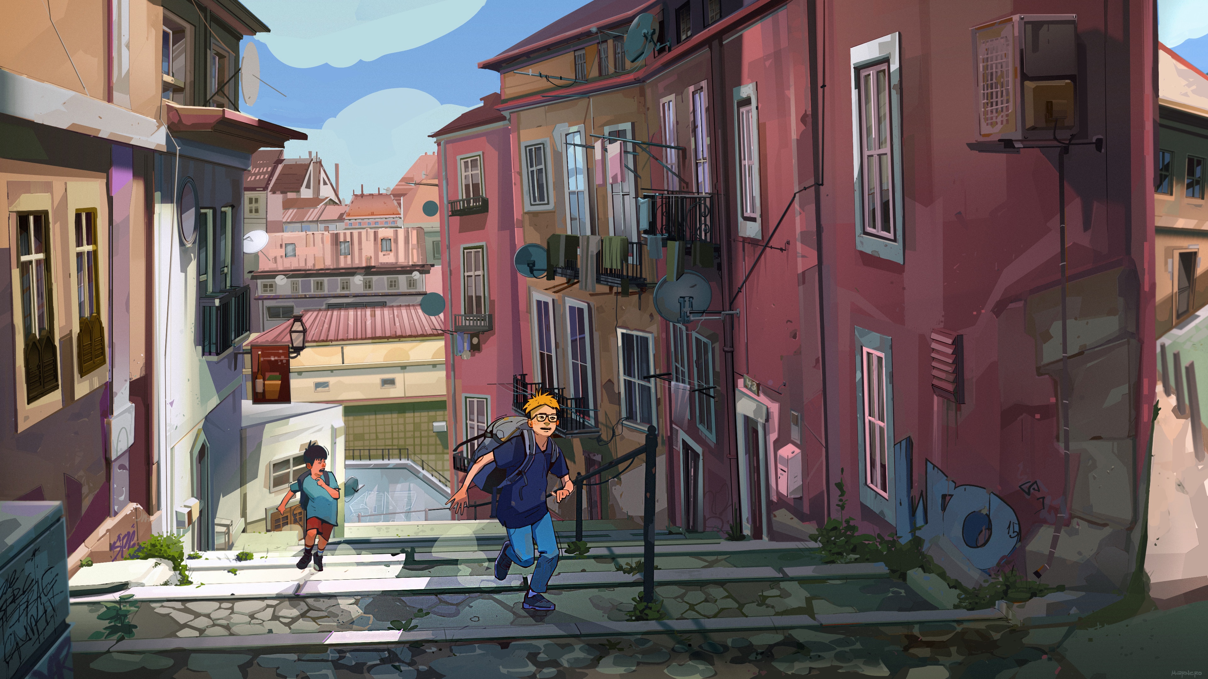 Two boys running down a city street with buildings and stairs HD Wallpaper