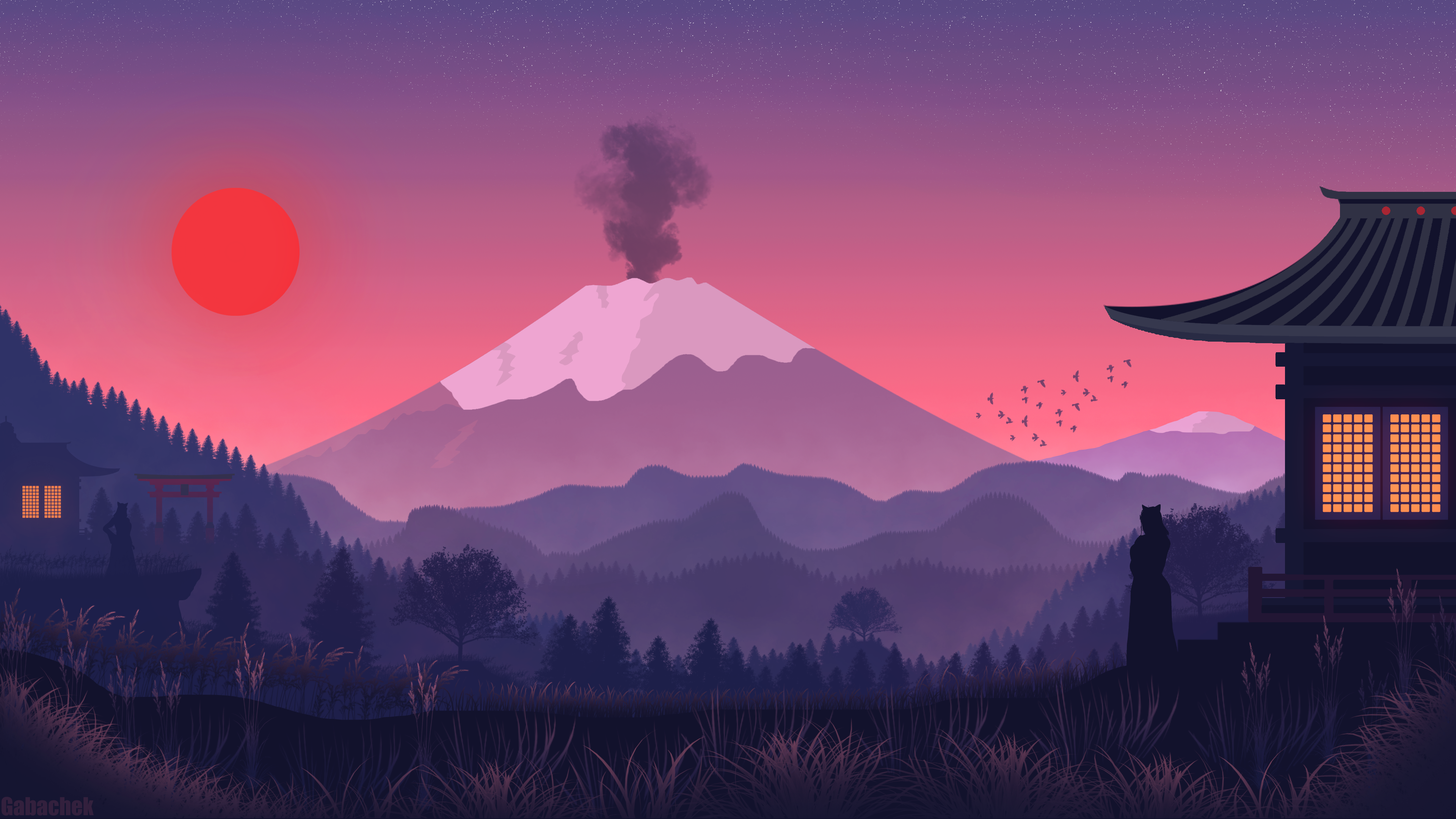 4K Japan Sunset with Volcano and Temple HD Wallpaper