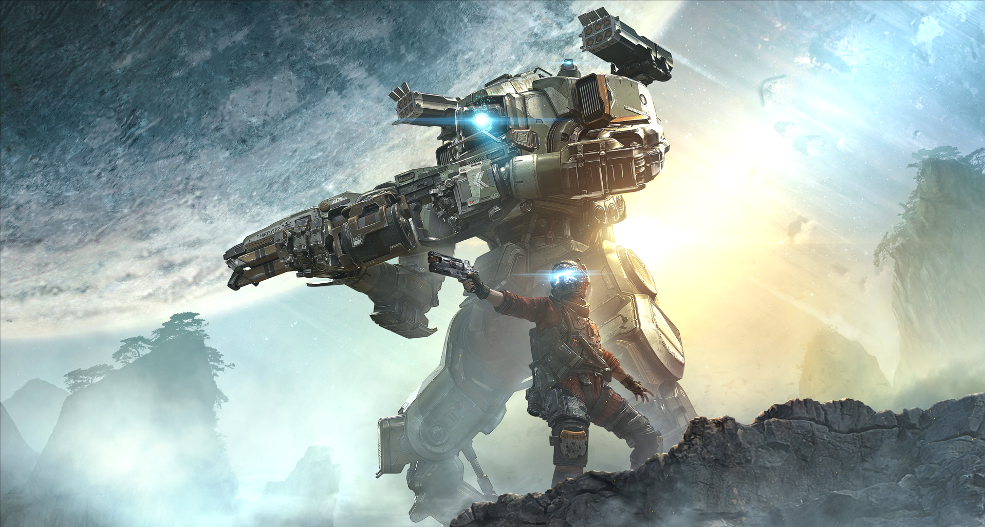 Titanfall 2: Pilot and Titan on a rocky planet HD Wallpaper