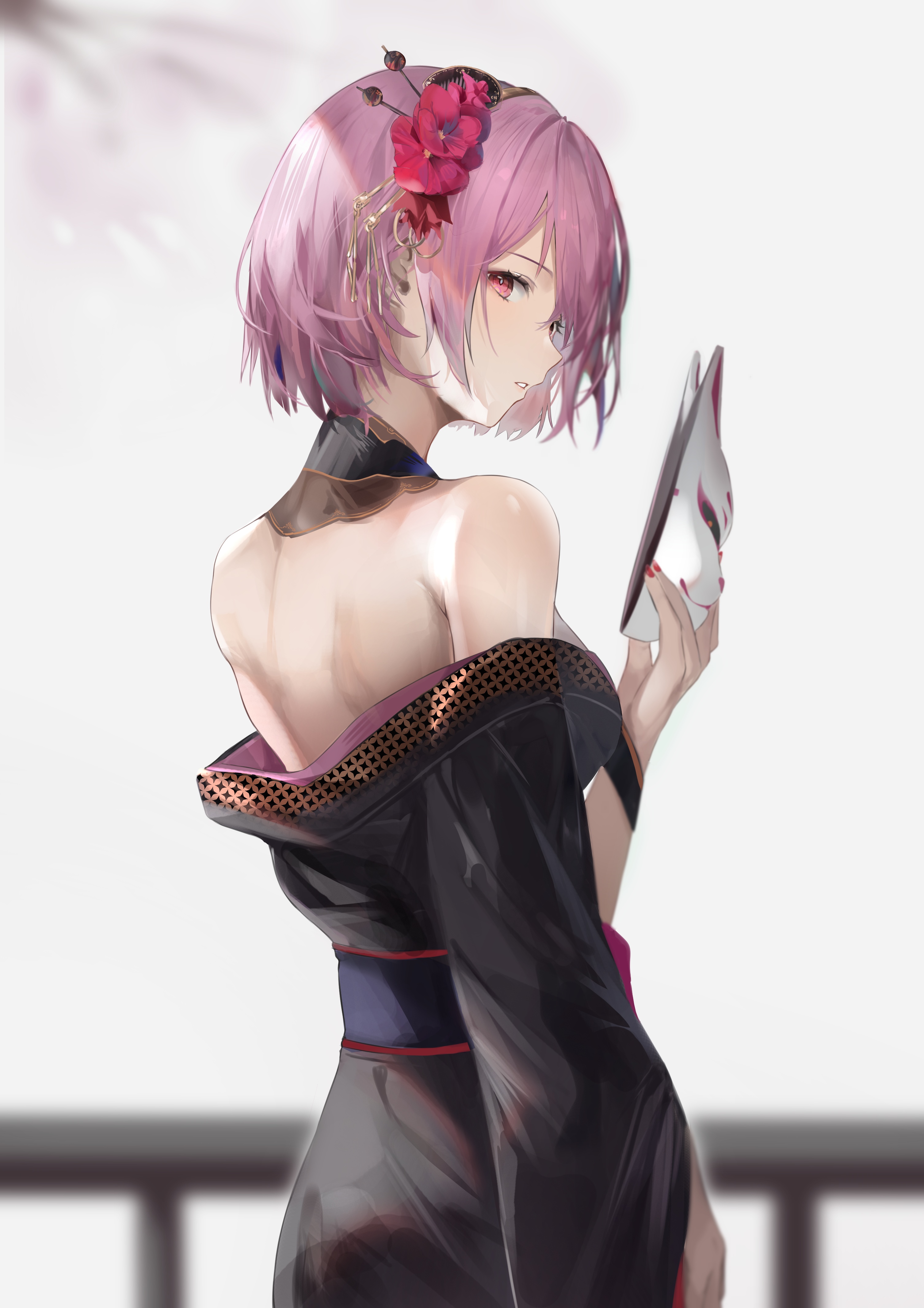 Mori Calliope holding a fox mask with pink hair HD Phone Wallpaper