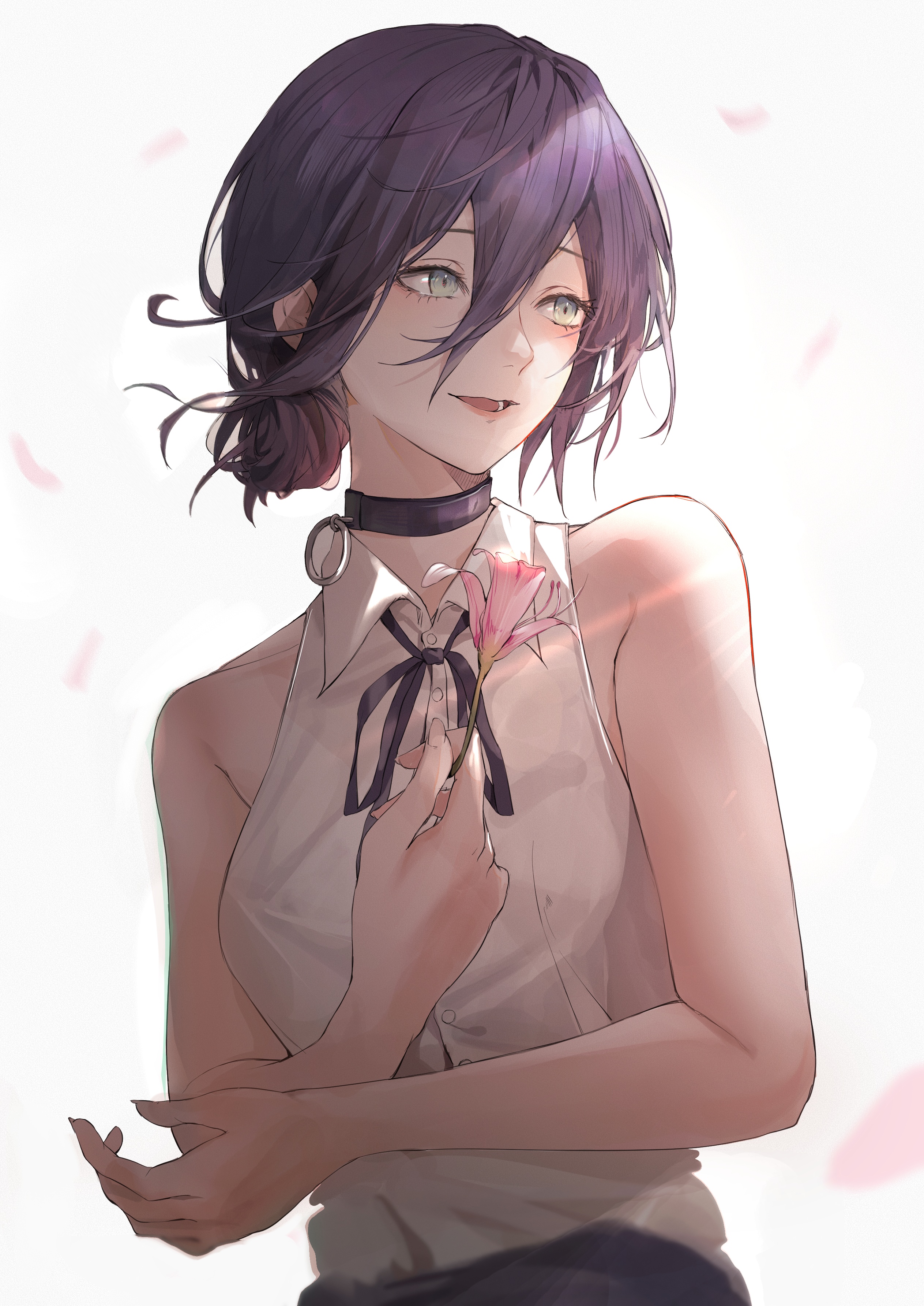 Reze from Chainsaw Man holding a pink flower HD Phone Wallpaper