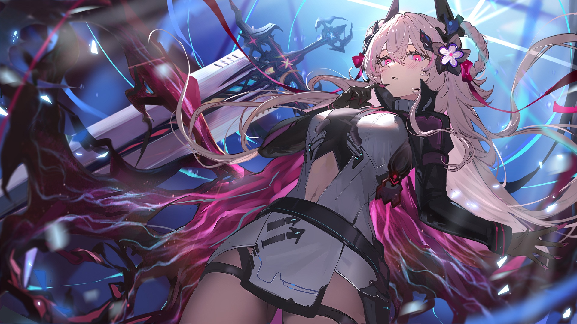Anime girl with blonde braids and red eyes holding a sword HD Wallpaper