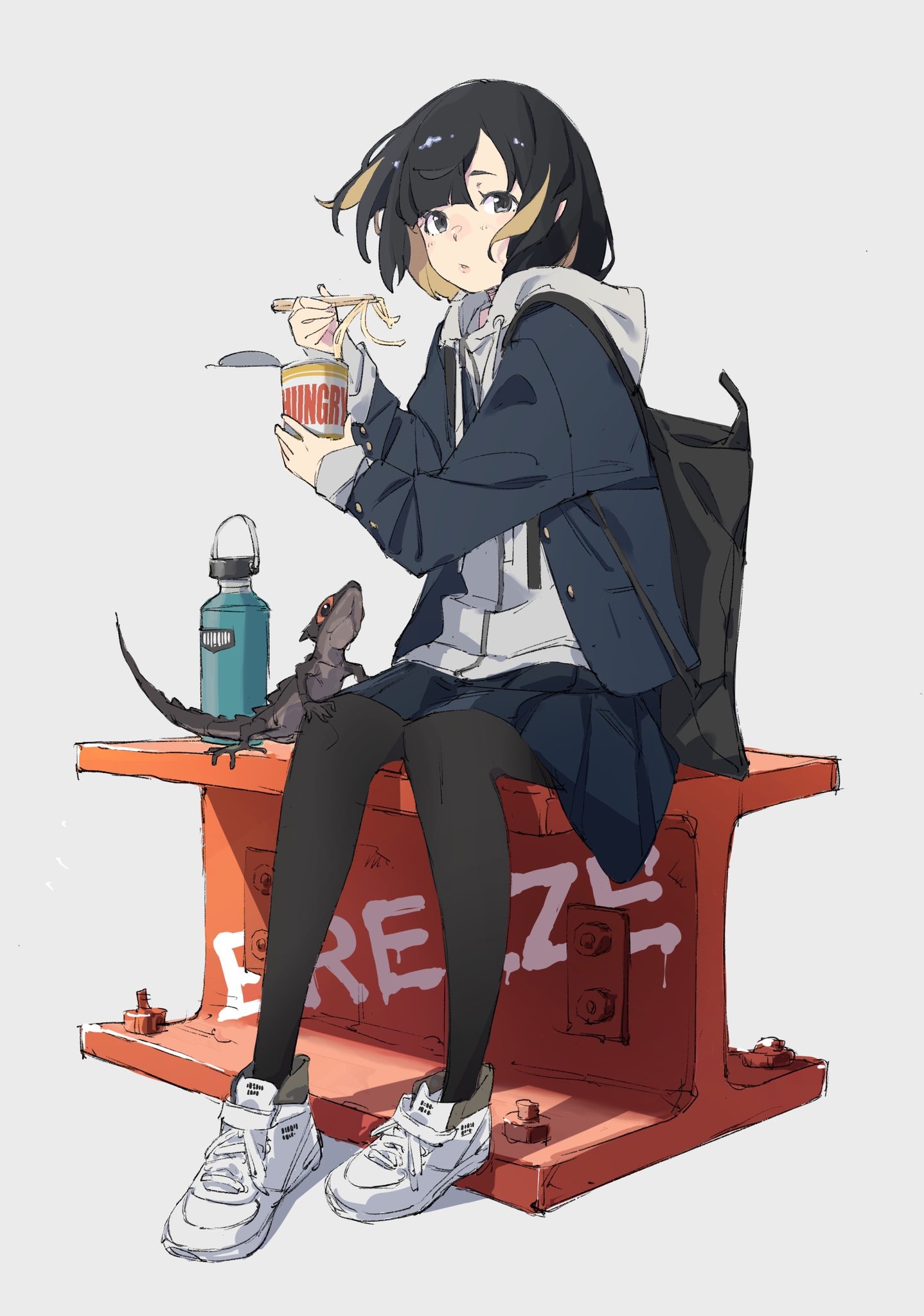 Anime girl eating ramen with a lizard and water bottle HD Phone Wallpaper